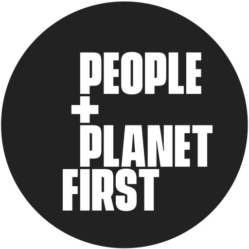 Black circular design with bold white text reading 'People + Planet First'.