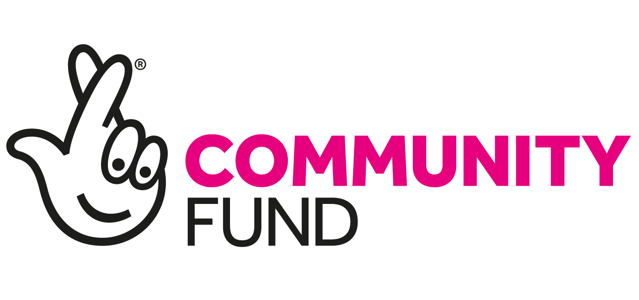 Logo for Community Fund featuring a stylized hand with crossed fingers and the words 'Community Fund' with 'Community' in pink and 'Fund' in black.