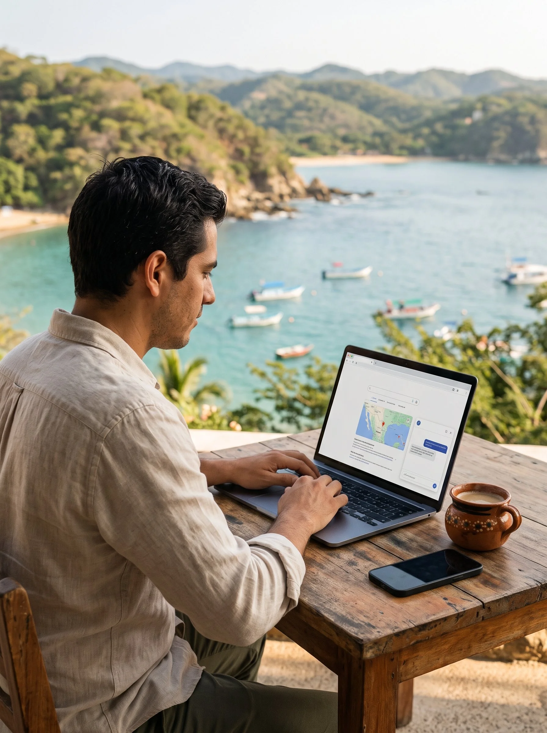 Emprendedor revisando en su laptop cómo aparece su negocio en Google y en un asistente de IA, en una terraza frente a la bahía de Huatulco