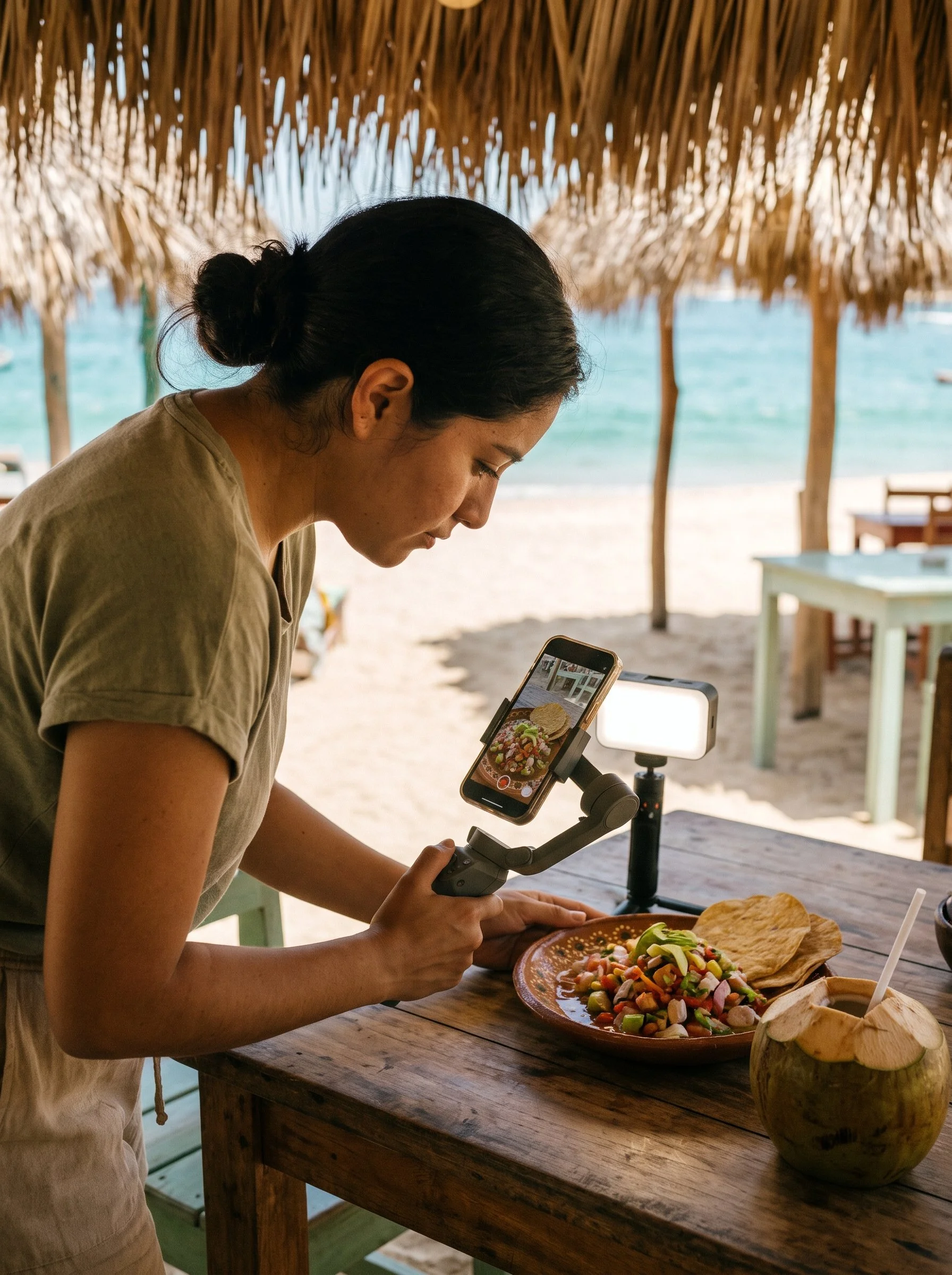 Creadora de contenido grabando con celular y gimbal un ceviche en un restaurante de playa en Huatulco para redes sociales