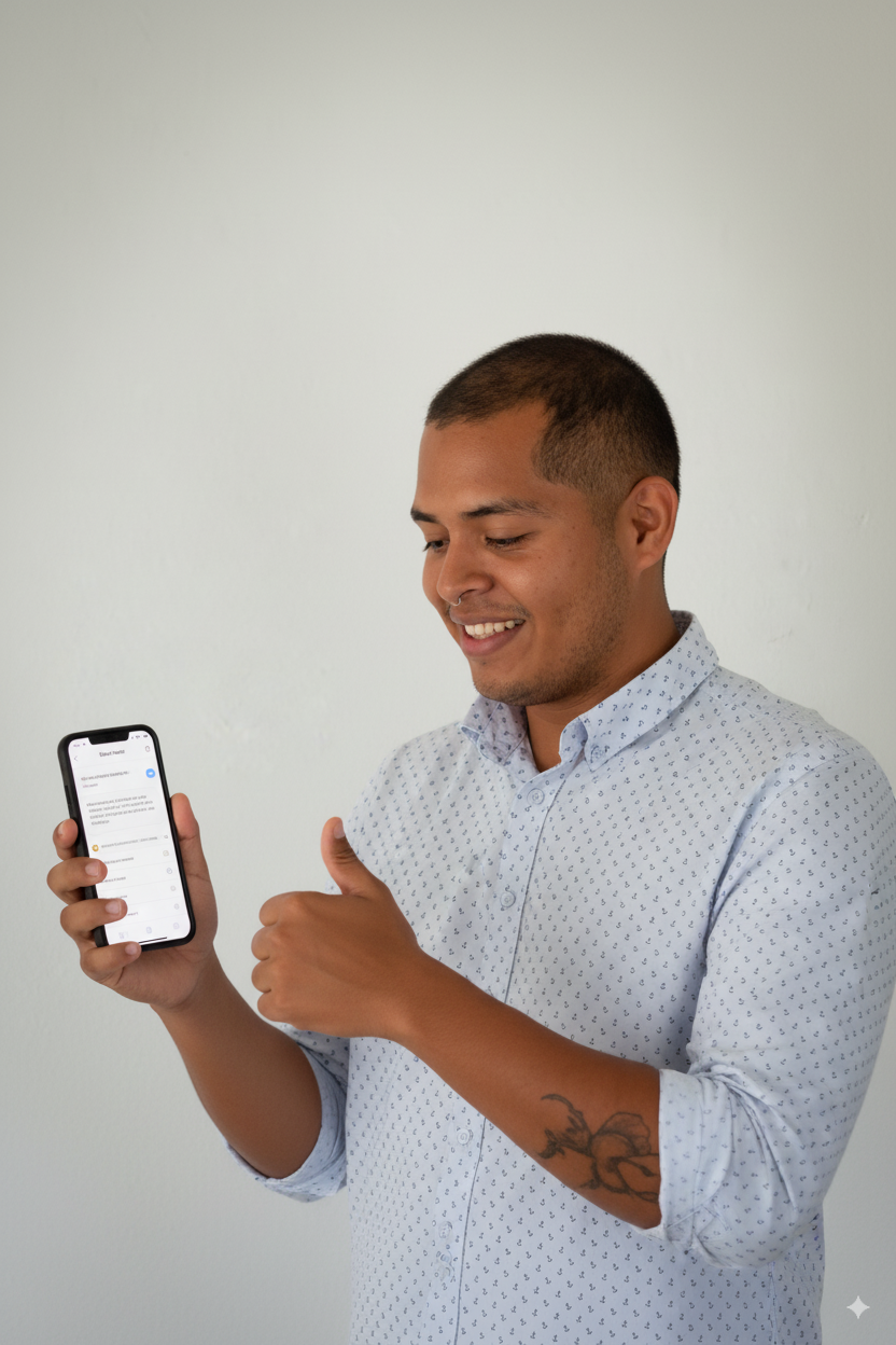 Hombre con camisa de manga larga y tatuaje en el brazo mostrando un teléfono inteligente con una sonrisa y señal de aprobado con el pulgar