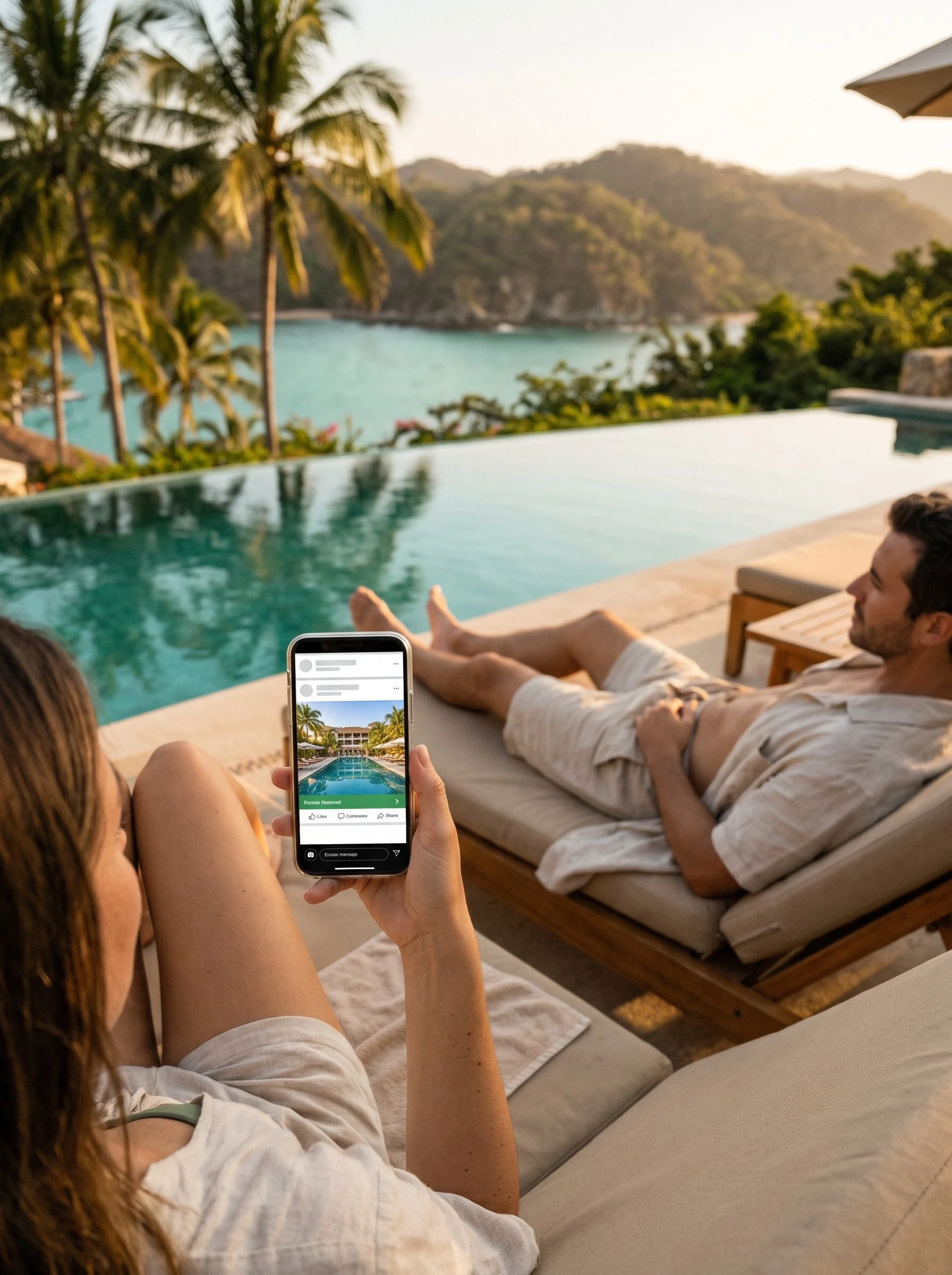 Turista viendo en su celular un anuncio de un hotel junto a una alberca con vista a la bahía de Huatulco