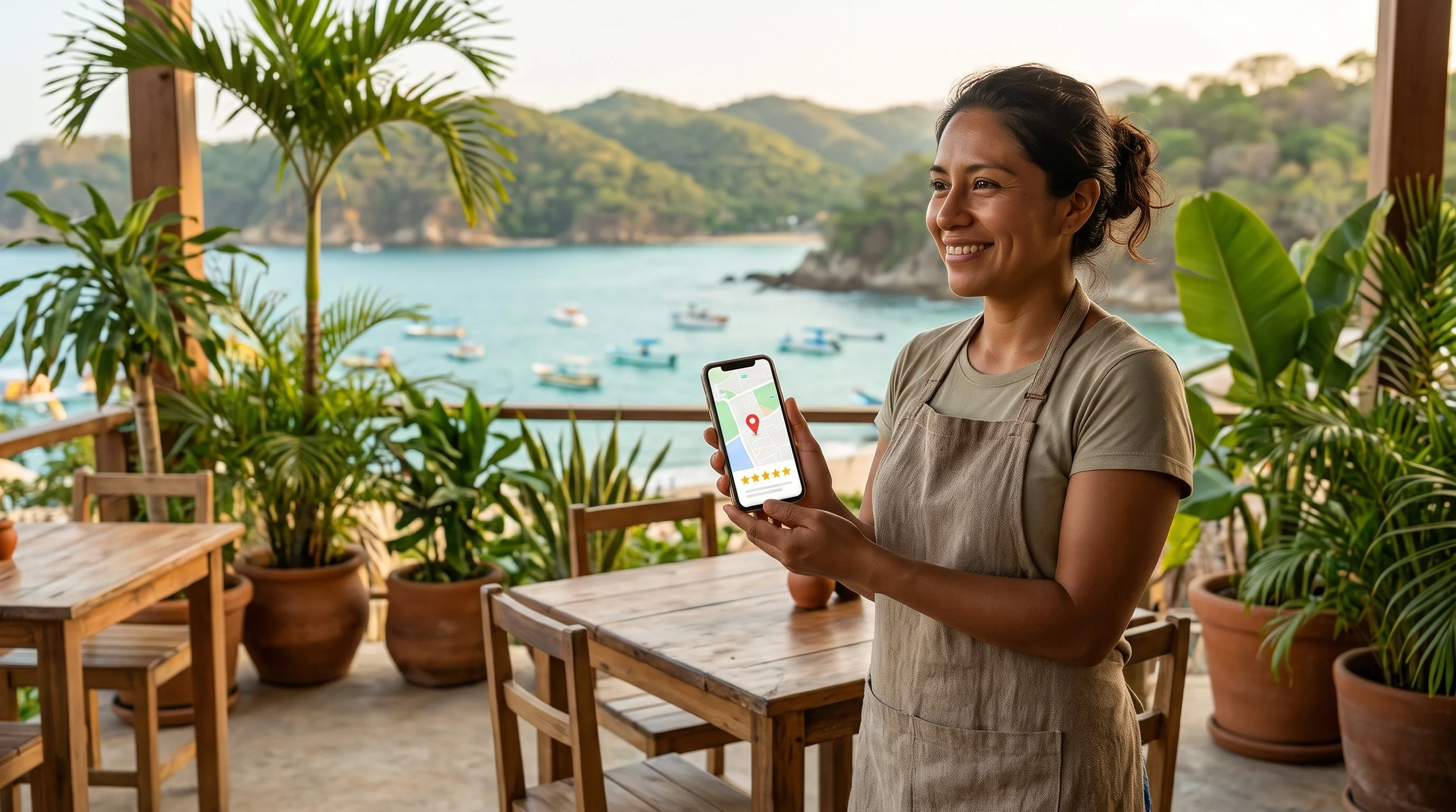 Dueña de restaurante en Huatulco revisando en su celular cómo aparece su negocio en Google Maps, con la bahía de fondo