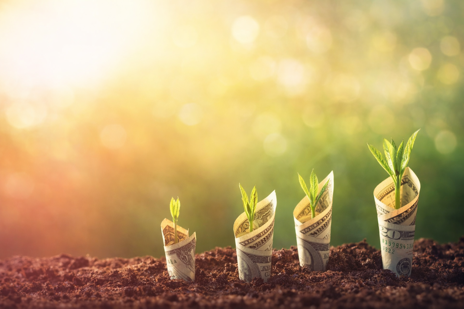 Four plant seedlings wrapped around money.