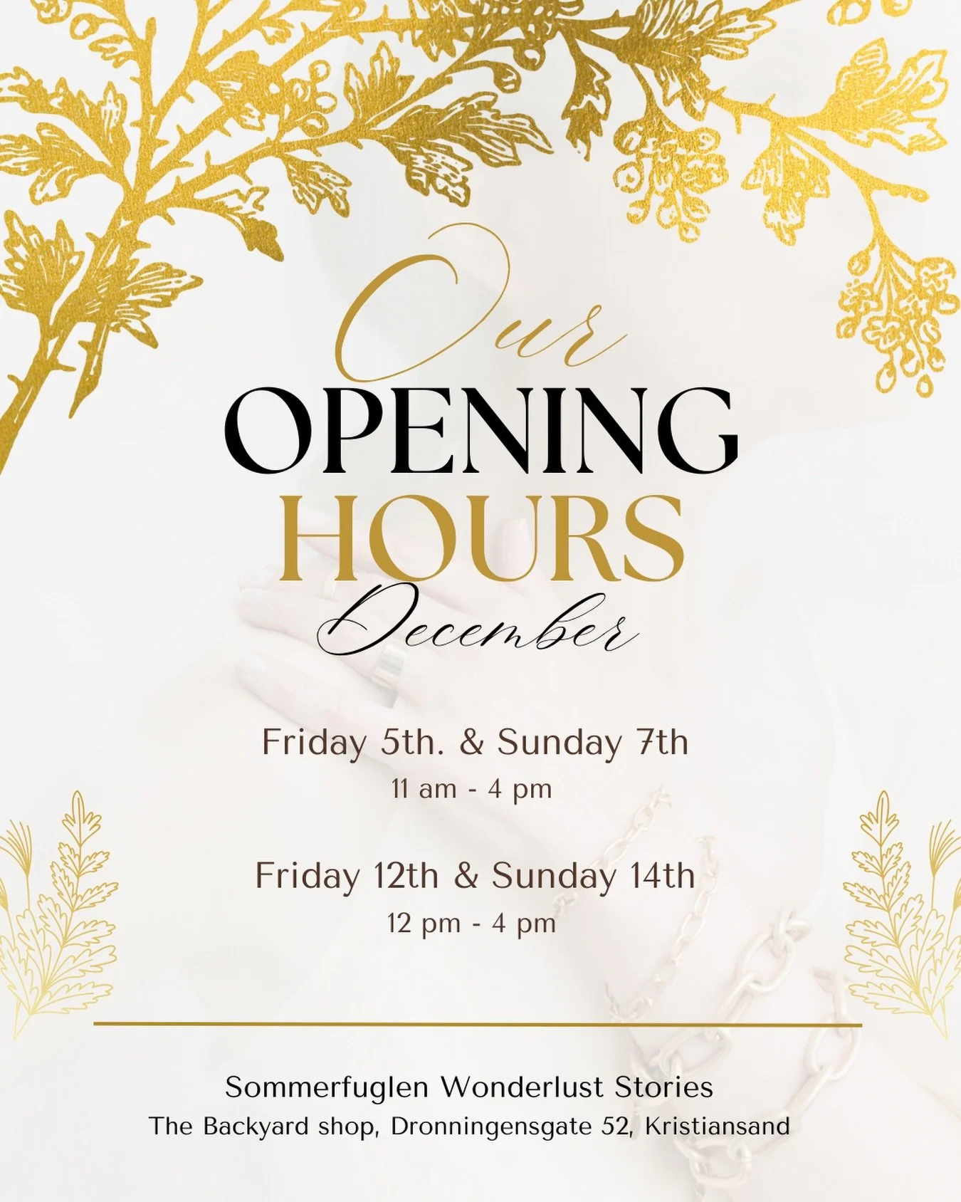 D E C E M B E R 
Opening hours 💫
.
Friday 5th (11-16) &amp; Sunday 7th (12-16)
Friday 12th (11-16) &amp; Sunday 14th (12-16)
.
Stop by and find unique, beautiful gifts for the ones you love🫶🏽
Handmade by incredible artisans, designers &amp; creato