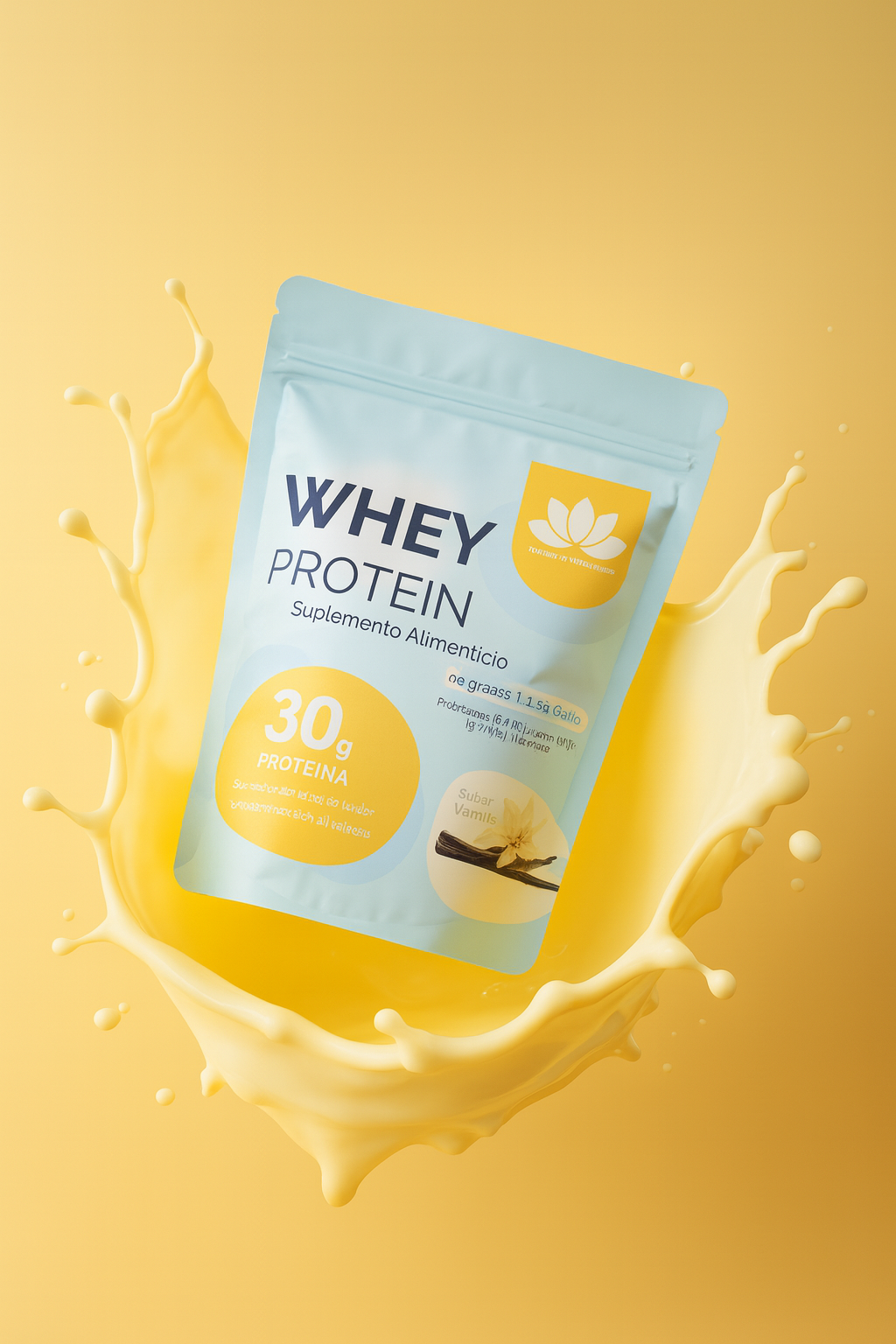 Paquete de proteína de suero de leche con sabor a vainilla, con información sobre 30 gramos de proteína y suplementos alimenticios, flotando en un fondo amarillo con salpicaduras de leche.