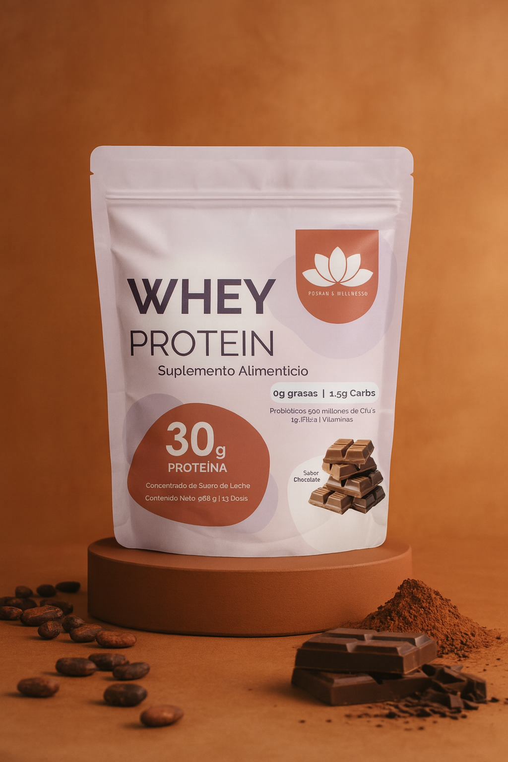 Paquete de proteína de suero de leche con sabor a chocolate, acompañado de granos de café, una barra de chocolate y polvo, sobre un pedestal de color terracota.
