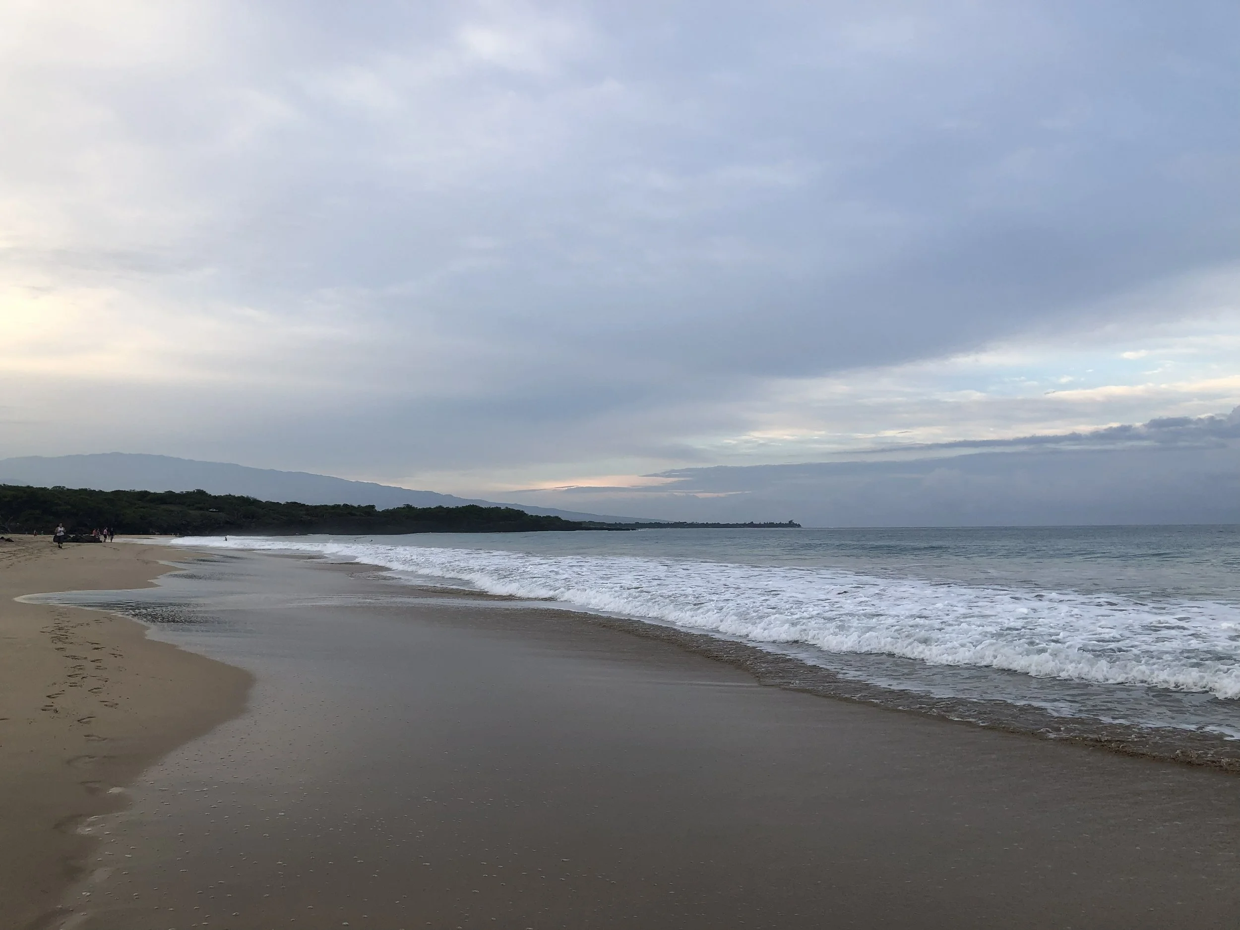 A beach scene with a sandy shoreline, gentle waves, and a cloudy sky, with distant mountains on the horizon. evoking a calm, safe space for therapy.
