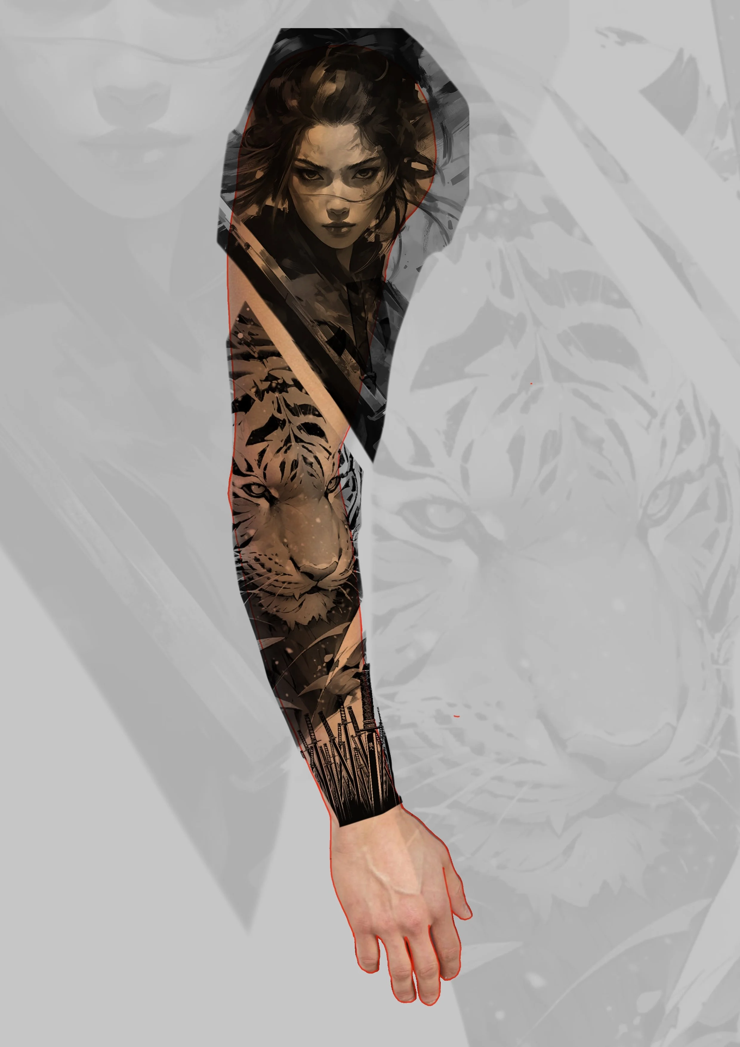 A tattooed arm with a woman's face at the shoulder, a tiger's face on the forearm, and a cityscape at the wrist. The background features a faint, larger image of a woman's face and a tiger's face.