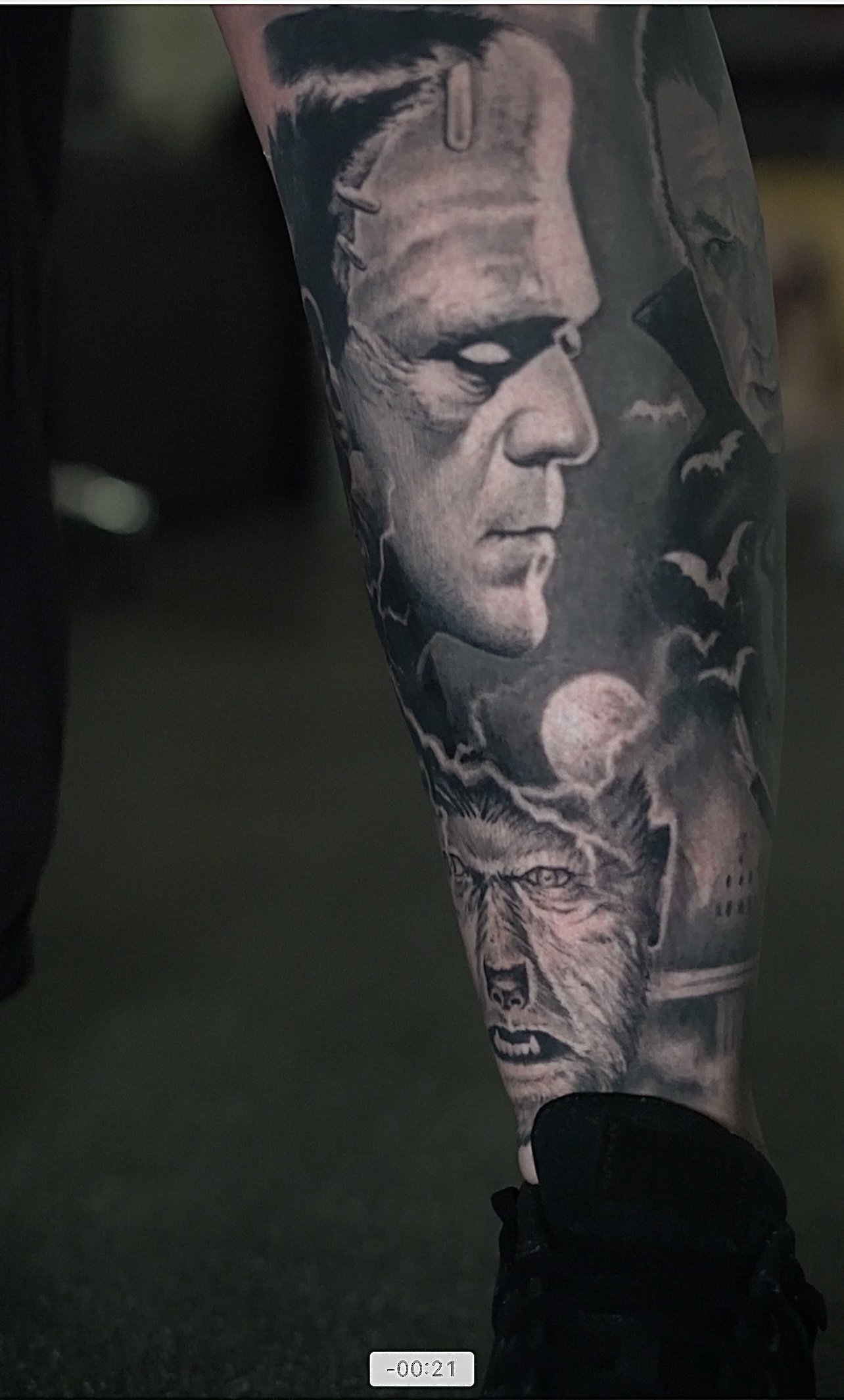 Black and grey Frankenstein horror portrait tattoo by Luis D Art Charlotte