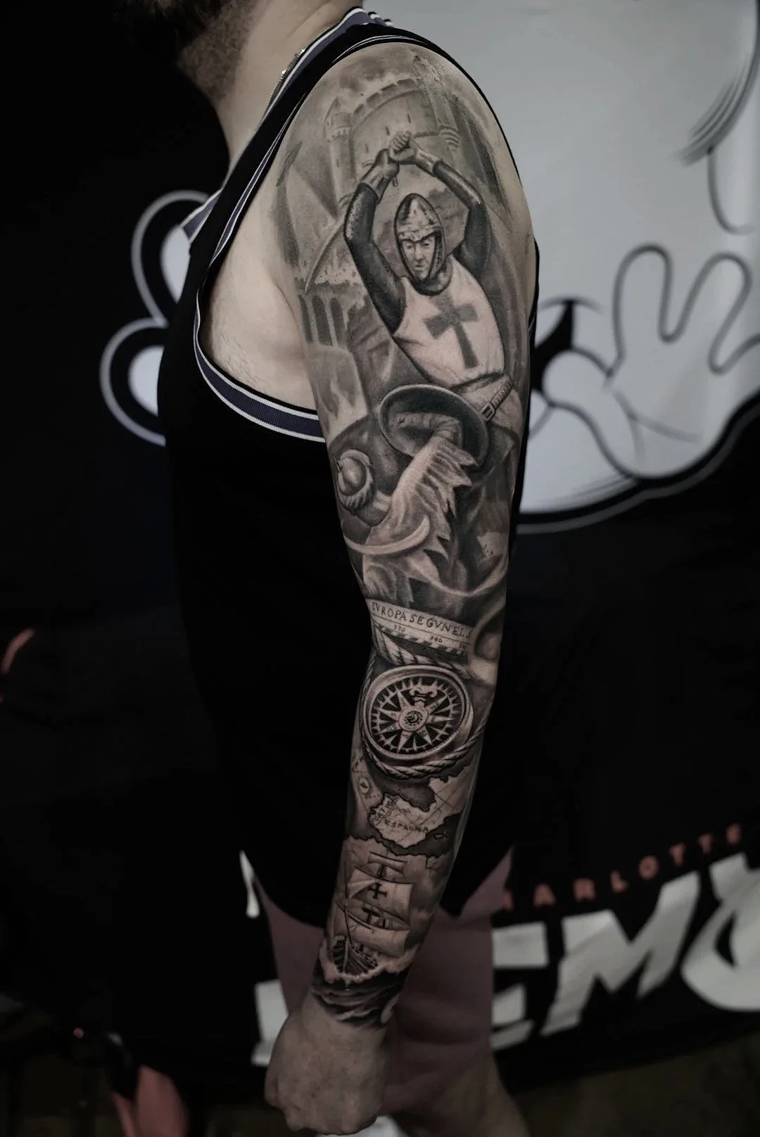 Black and grey Knights Templar compass sleeve tattoo by Luis D Art Charlotte