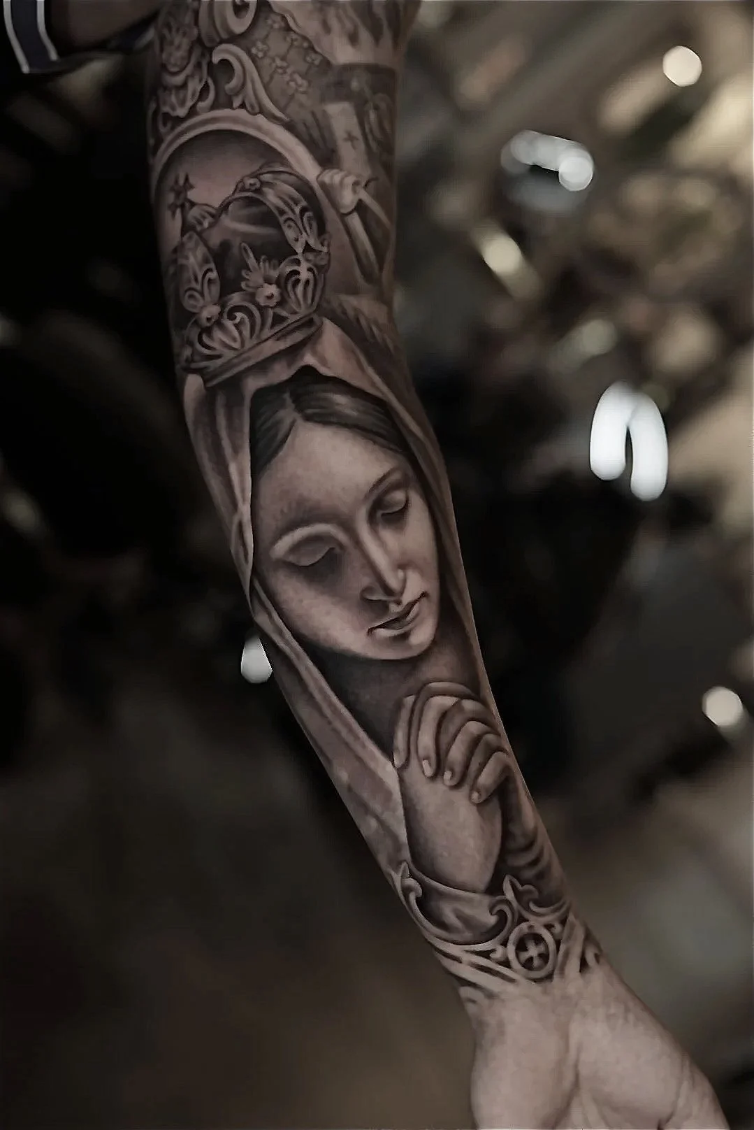 Virgin Mary black and grey religious realism tattoo by Luis D Art Charlotte