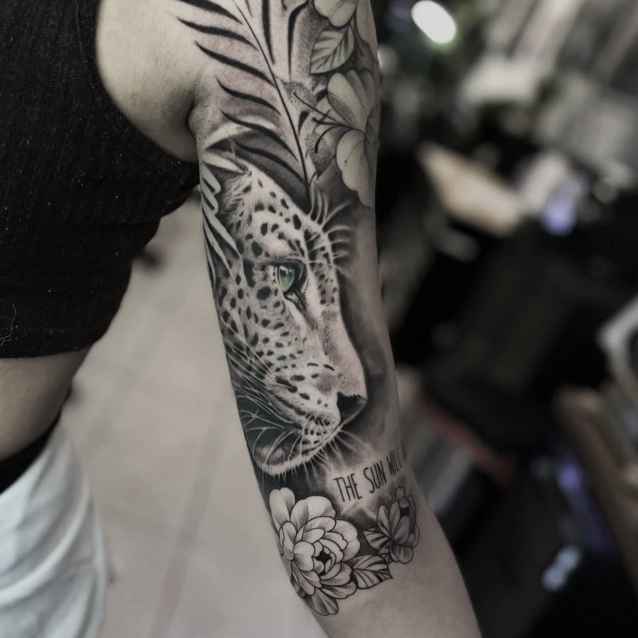 Black and grey leopard nature realism tattoo by Luis D Art Charlotte NC