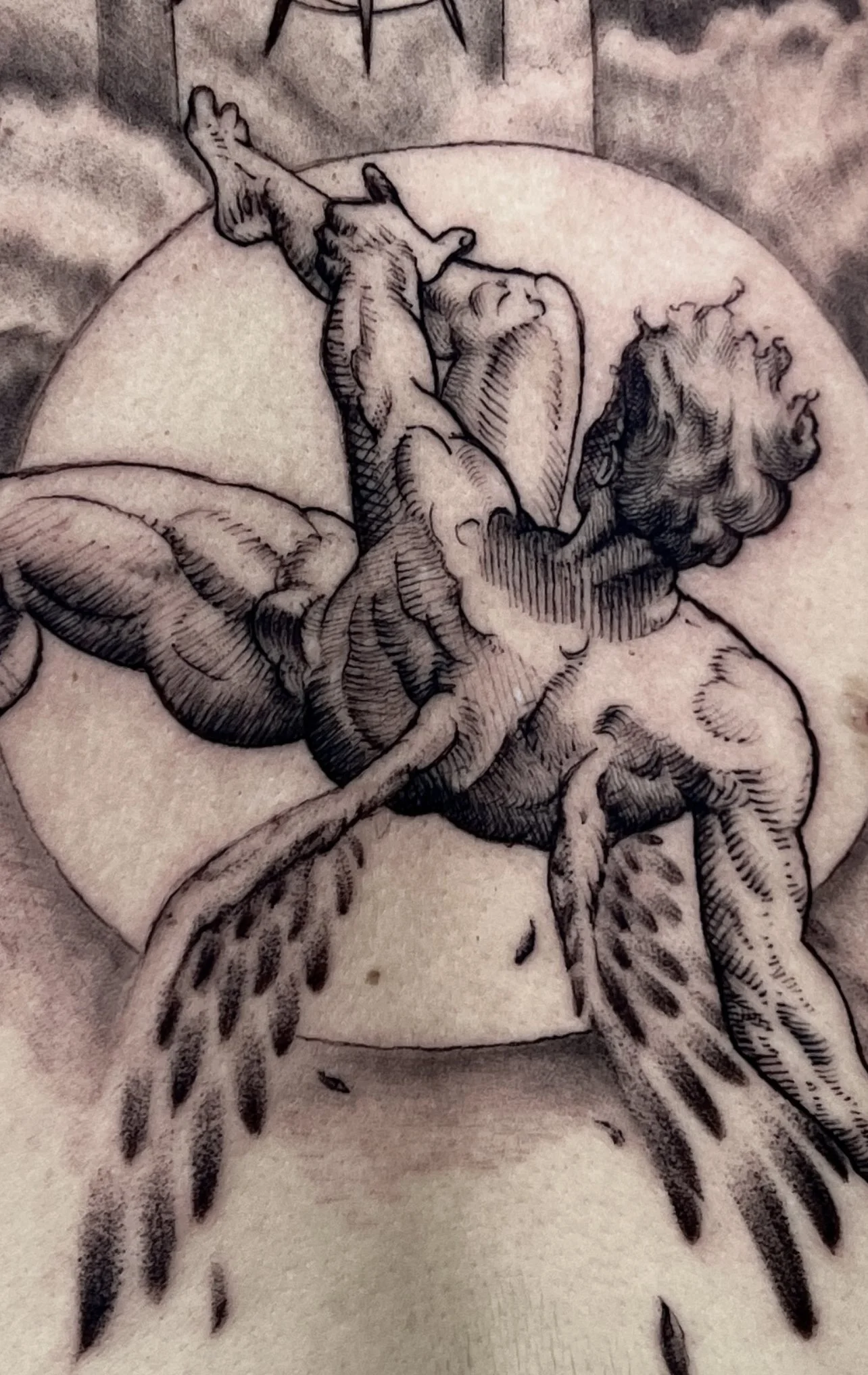 Black and grey warrior angel chest tattoo by Luis D Art Charlotte NC