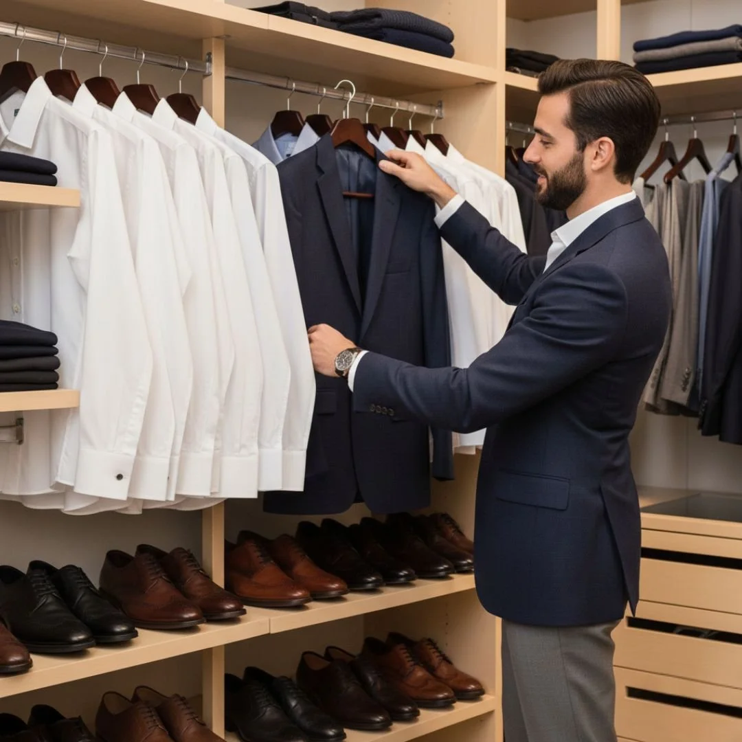 business man looking at clothes in closet
