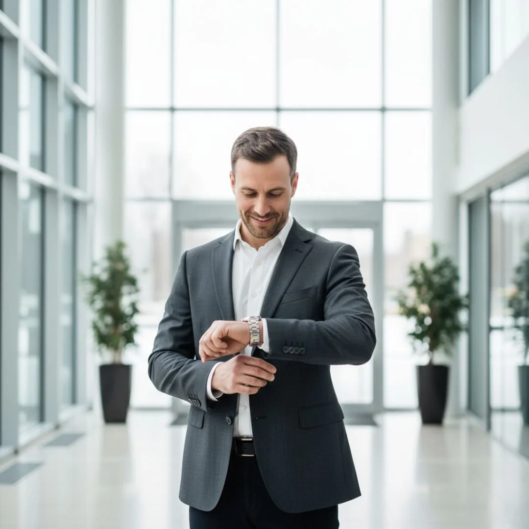 business man in lobby looking at watch