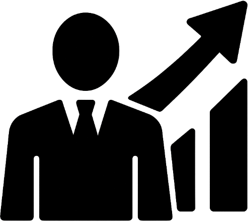 Outline of a person in a suit with an upward trending arrow and a bar chart in the background, representing business or growth.