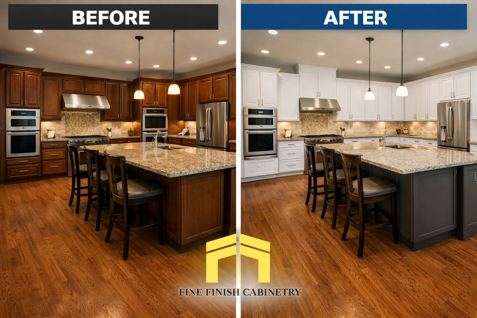 Before and after cabinet refacing in Mesa, AZ showing a kitchen transformation by Fine Finish Cabinetry without a full remodel