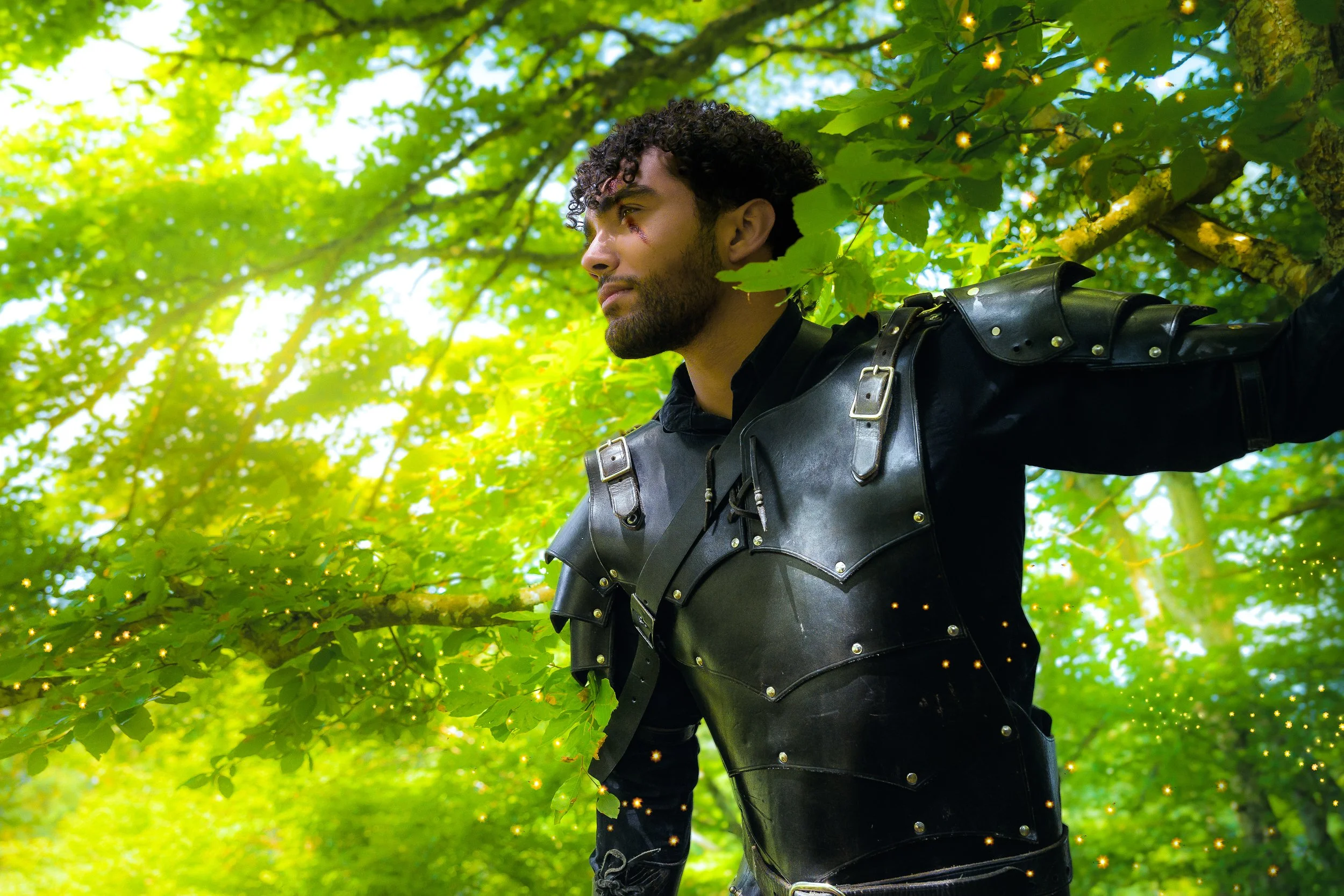 Homme avec une barbe, portant une armure en cuir noir, se tenant dans une forêt verte.
