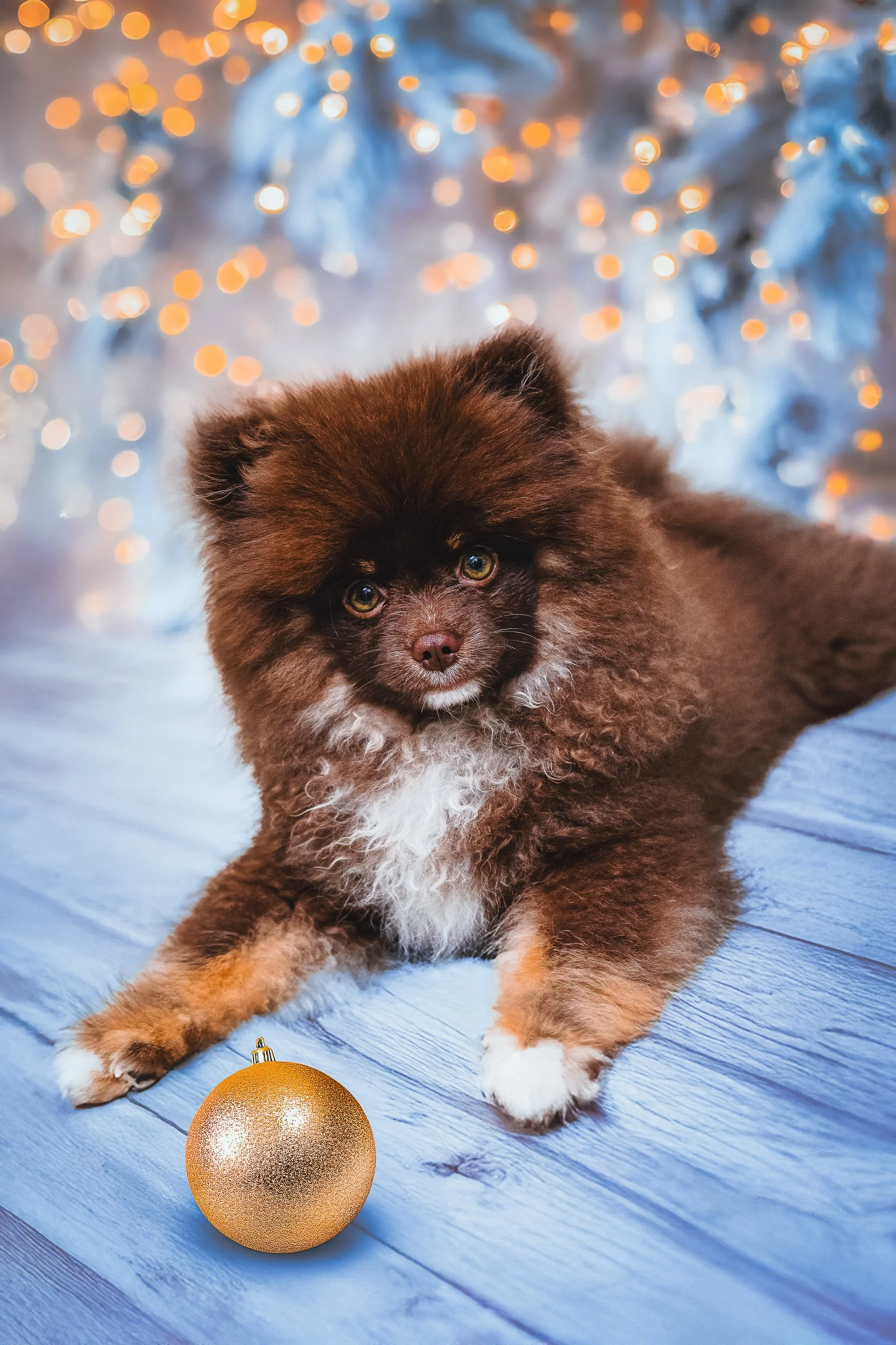 Un chiot de race pomeranien au pelage brun avec des éclats de blanc, allongé sur un sol en bois peint bleu, devant une boule de Noël dorée, avec un fond flou de lumières de Noël orange et blanc.