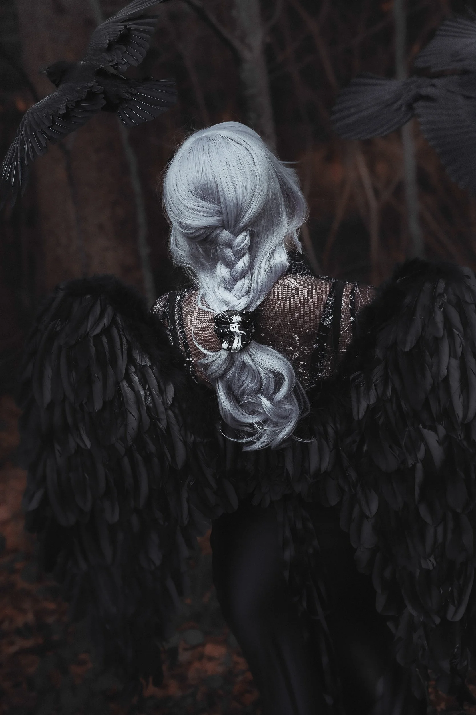 Une personne vue de dos avec de longs cheveux gris, portant un vêtement en dentelle avec des ailes noires, dans un décor sombre avec des oiseaux noirs
