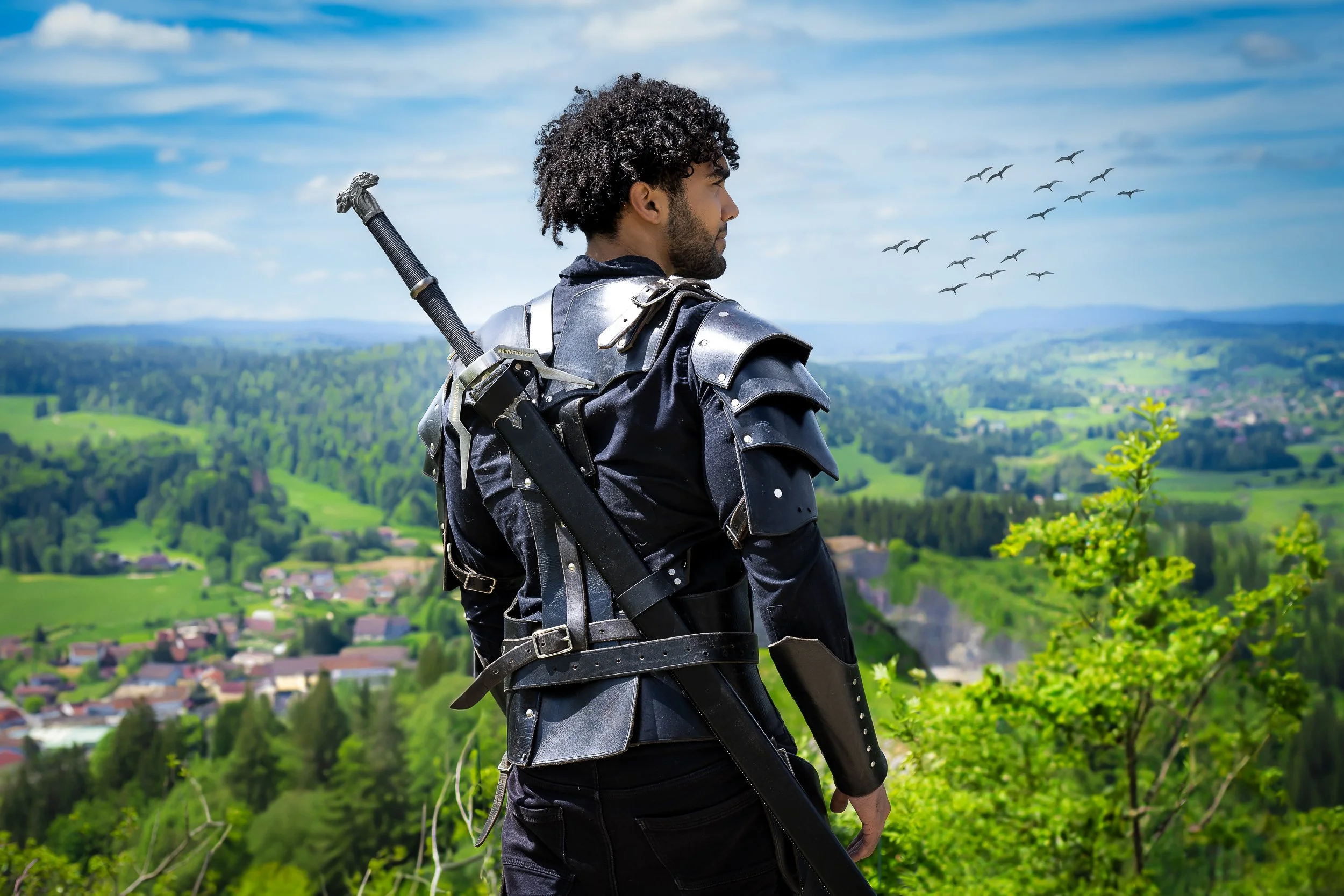 Un homme en costume de guerrier médiéval regarde un paysage verdoyant avec des collines, des arbres et un village, sous un ciel bleu avec des nuages et un groupe d'oiseaux volant dans le ciel.
