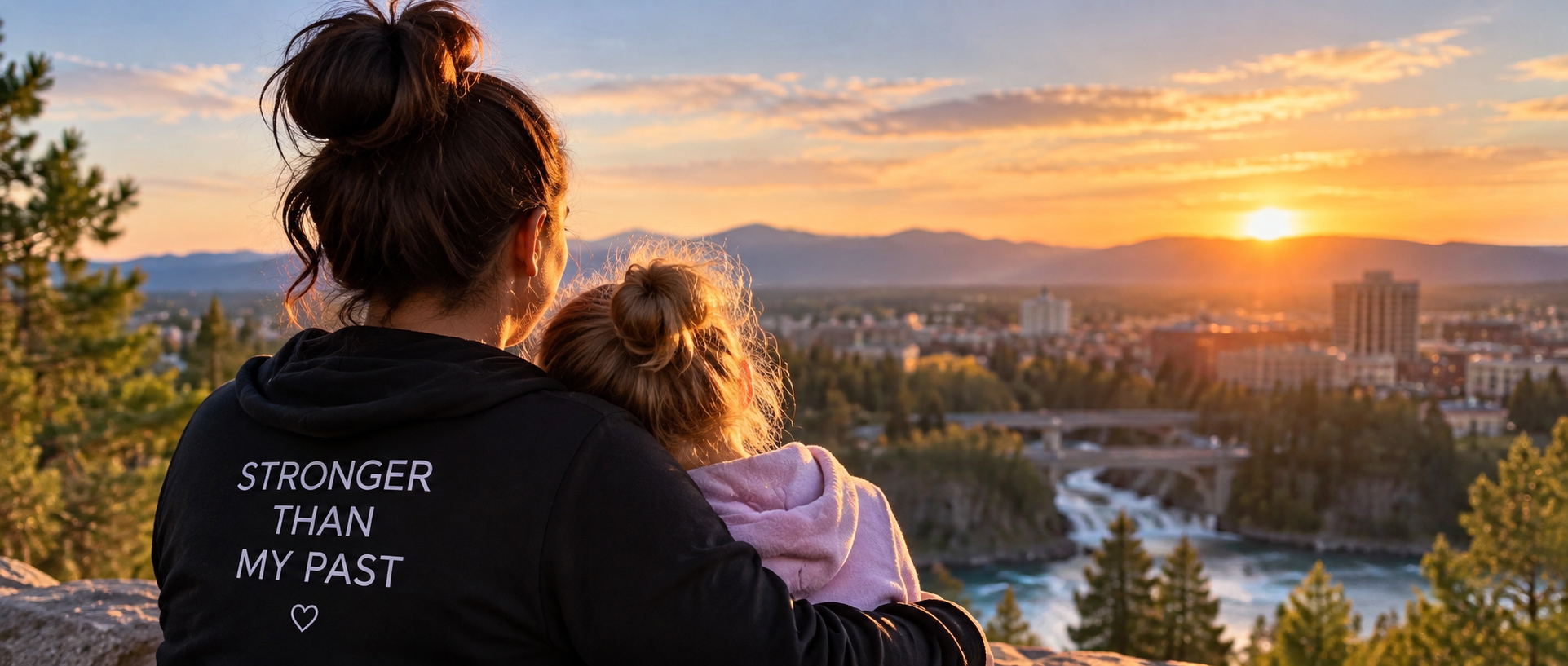 Mother and Child overlooking Spokane at sunset, representing hope, recovery, family reunification, and new beginnings.