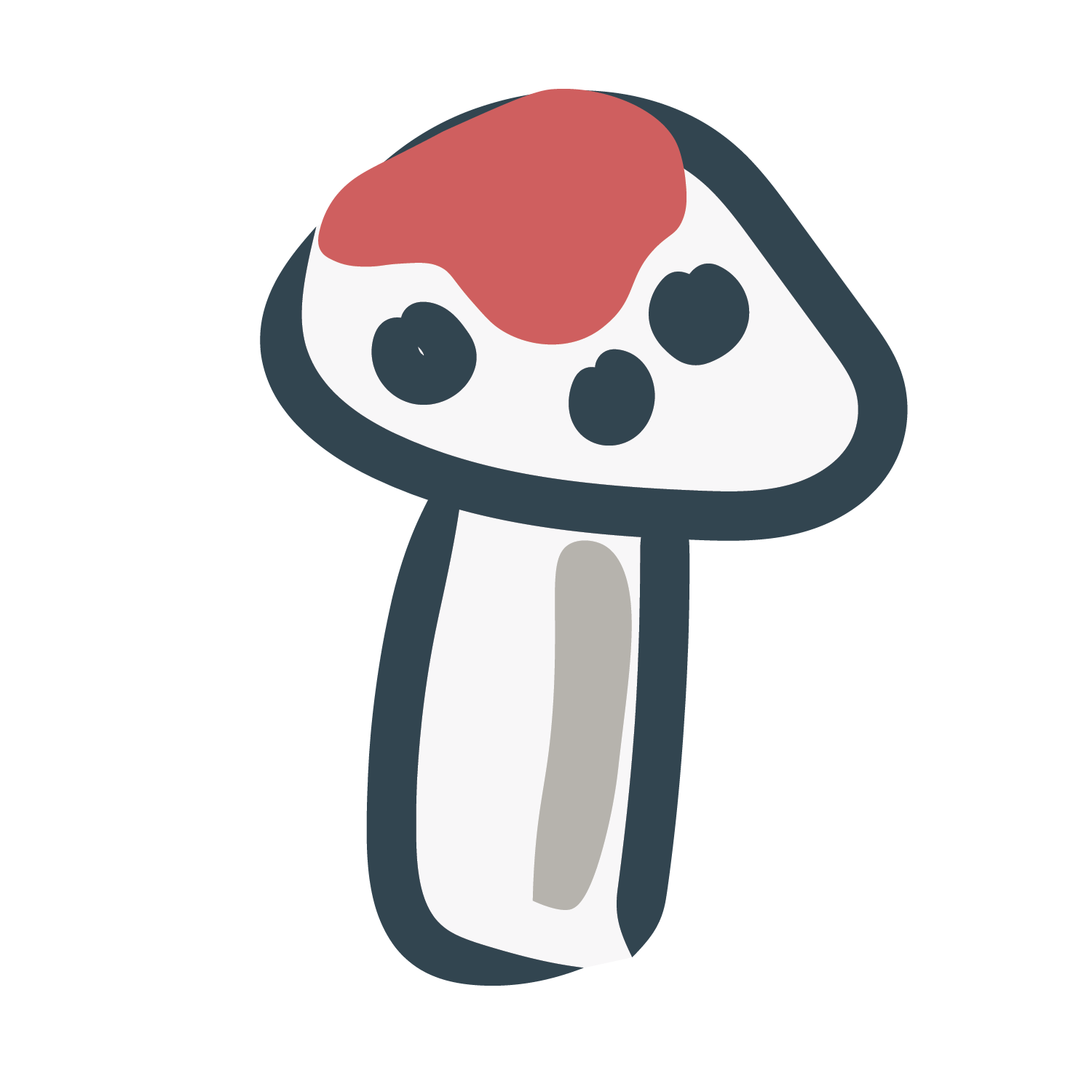 A cartoon illustration of a mushroom with a white stem and a dark cap featuring three black spots, and red on top of the cap.