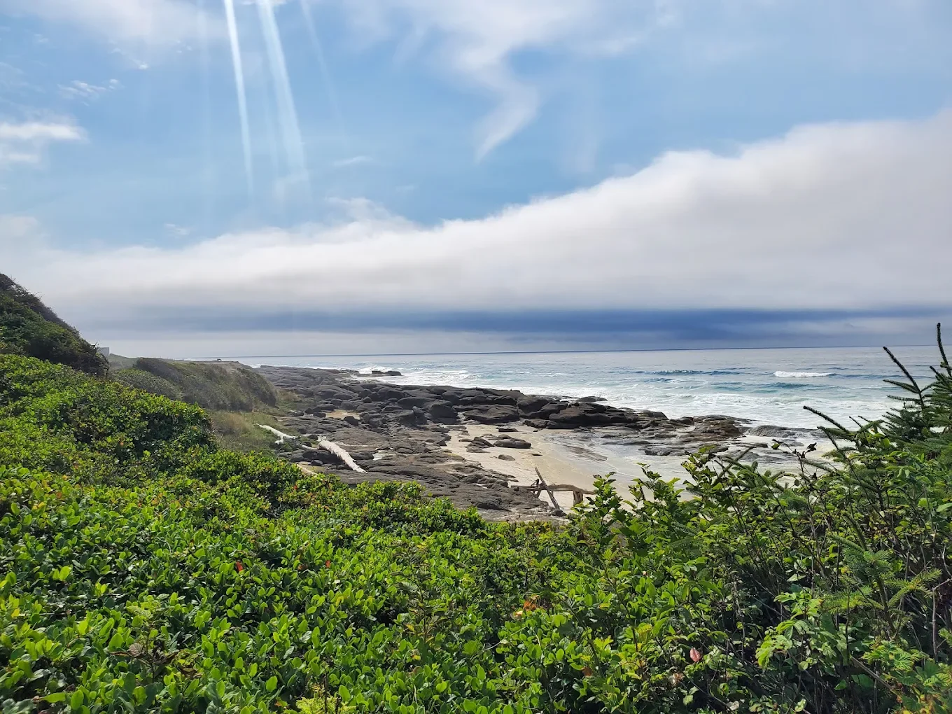 Coastal landscape with rocky shoreline, green bushes in foreground, ocean waves, and a sky with clouds and sunlight rays.