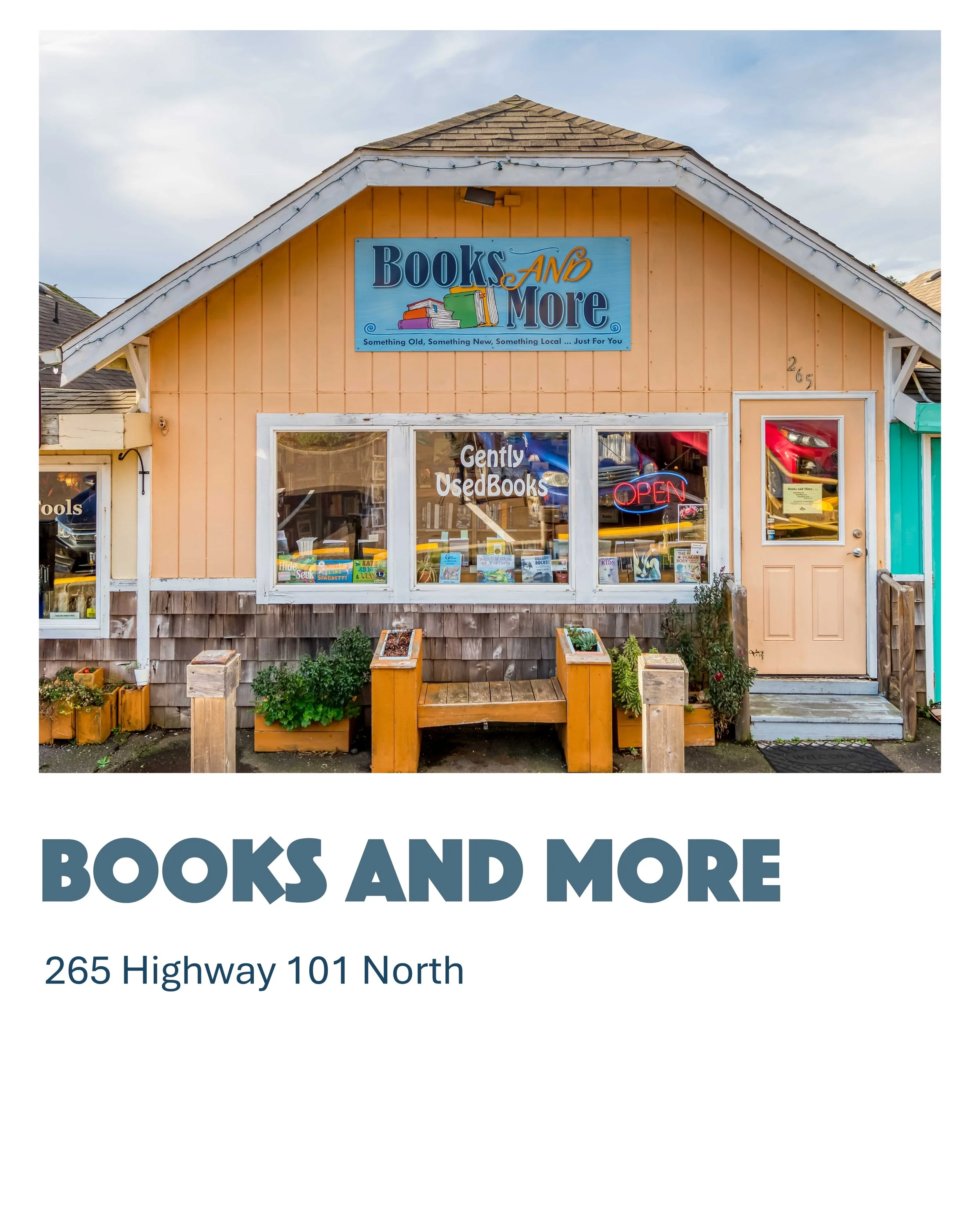 Front of a small bookstore named 'Books and More' with a blue sign, large windows, a neon 'Open' sign, potted plants, and a peach-colored exterior