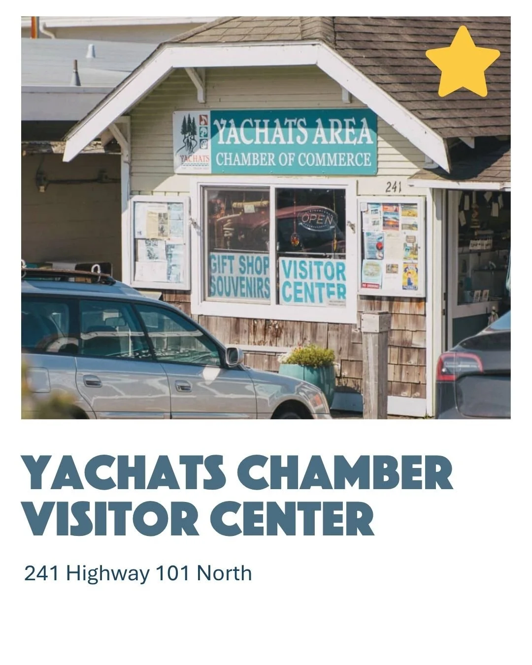 Exterior of a building with a sign that reads "Yachats Area Chamber of Commerce," featuring an illustration of trees and ducks, with notices and signs in the window advertising gift shop, souvenirs, and visitor center, and cars parked in front.