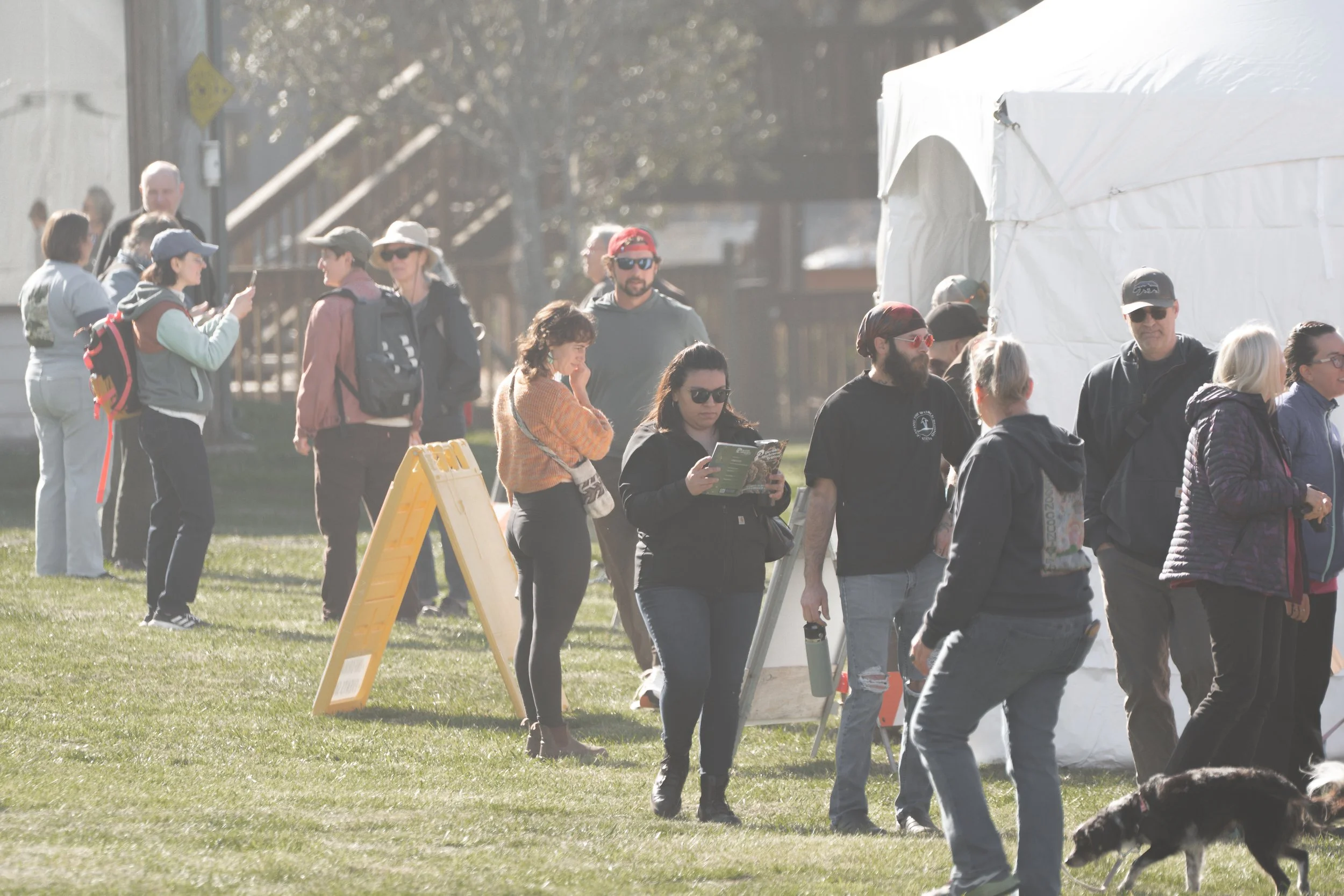 People standing in line outdoors on a grassy area, some wearing sunglasses and jackets, near a white tent and a yellow sign.