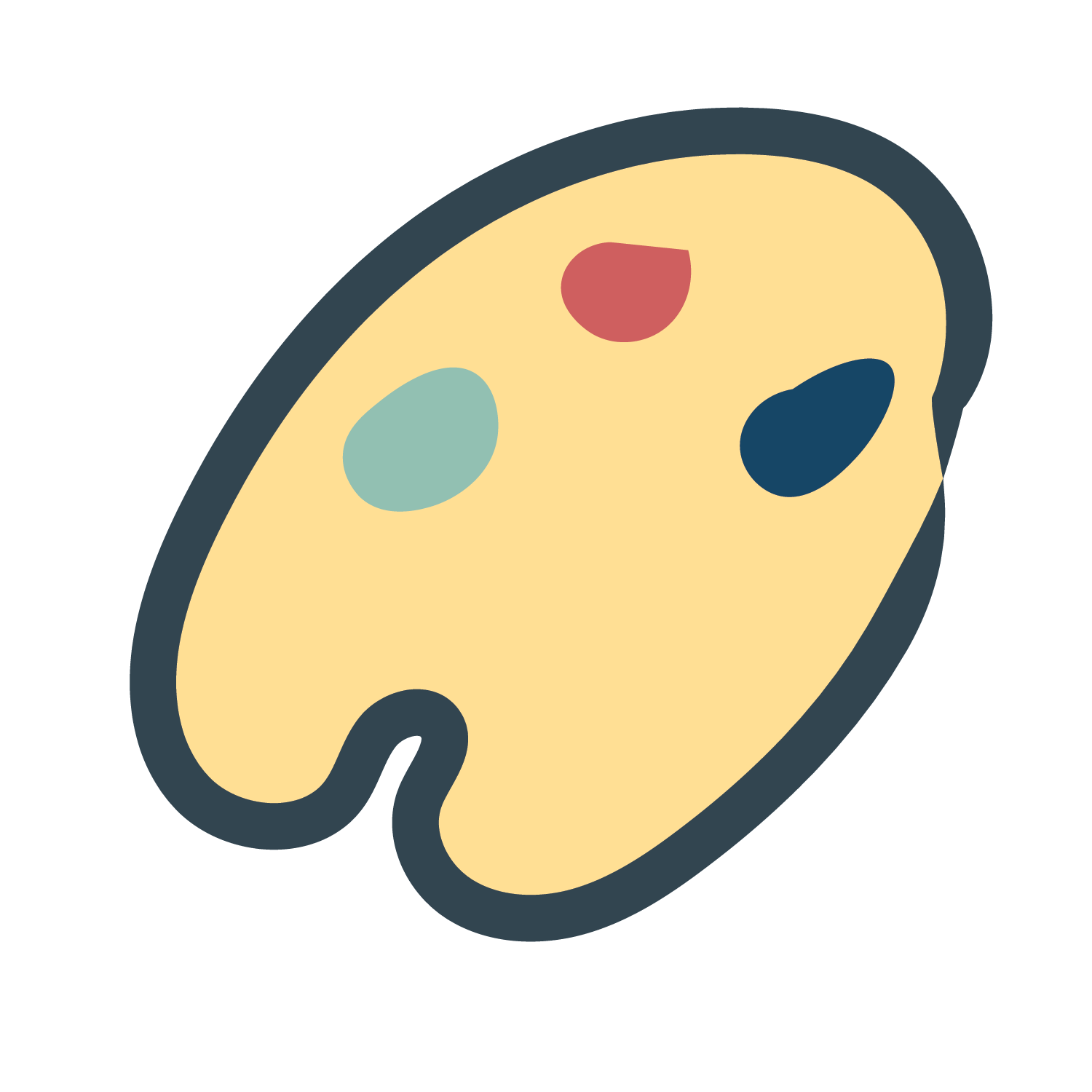 Stylized cartoon illustration of an artist's paint palette with four color spots on a black background.