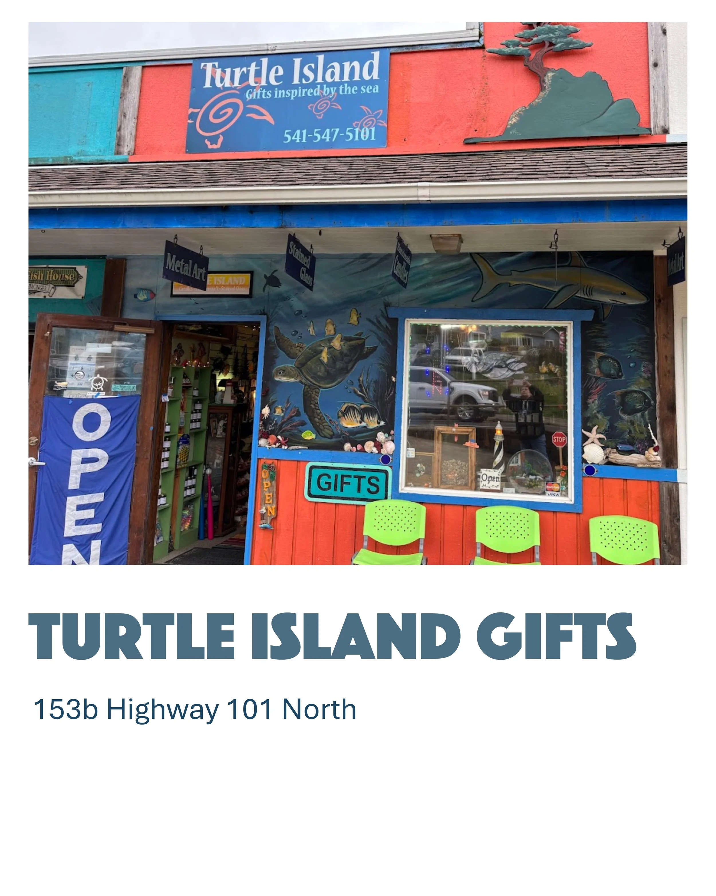 Exterior of Turtle Island Gifts store with marine-themed mural, open sign, and green chairs outside, located at 153b Highway 101 North.
