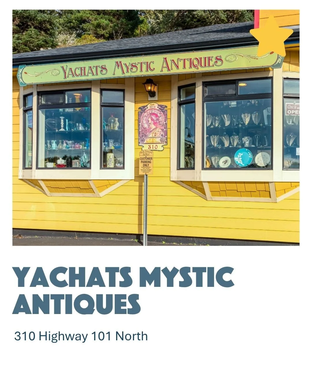 A yellow building with large display windows showcasing various antiques including plates, glasses, and decorative items. The store sign reads "Yachats Mystic Antiques" and is green with red and purple lettering. There is a street lamp, an address plaque, and a parking sign in front. The background features green trees.