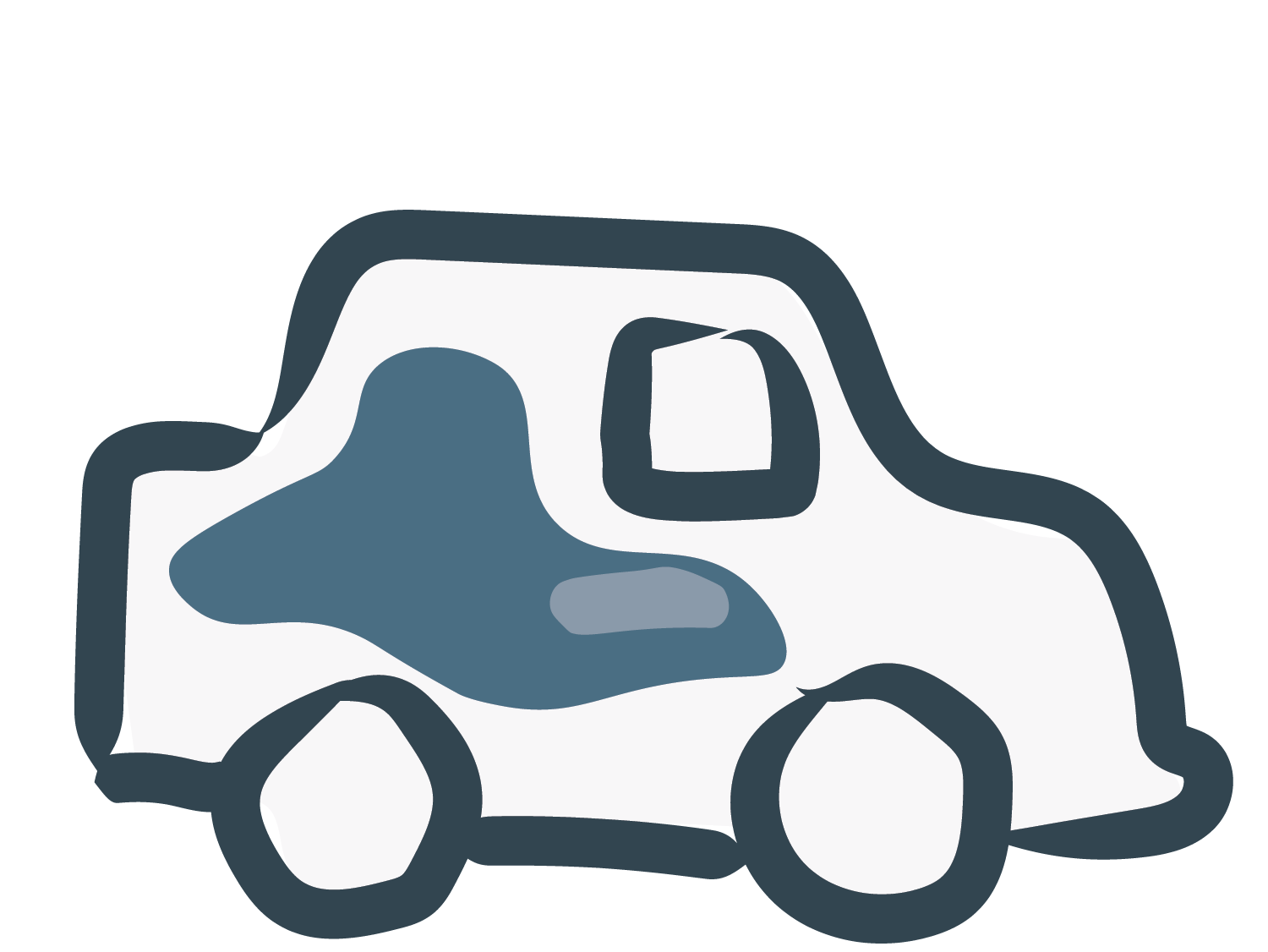 Stylized illustration of a white car with dark windows and dark outlines.