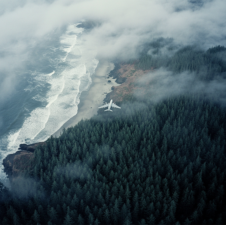 An airplane flying over a lush green forest near a coastline with waves crashing on the shore, and fog covering parts of the landscape.