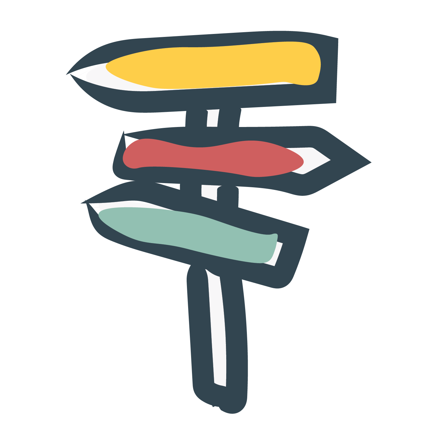 Illustration of a multi-directional signpost with four colorful arrow signs pointing in different directions.