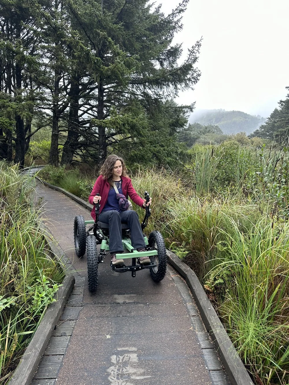 A woman with curly hair in a purple jacket and black pants riding a green off-road mobility scooter on a narrow wooden trail surrounded by tall grass and trees, with a foggy forested landscape in the background.