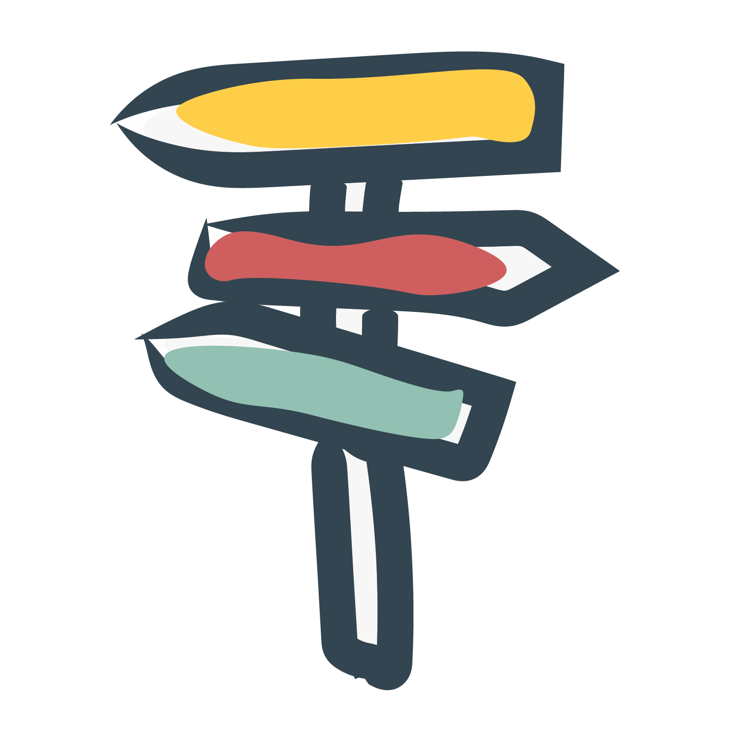 A stylized illustration of a wooden directional signpost with four arrows pointing in different directions, painted in yellow, red, green, and white colors.