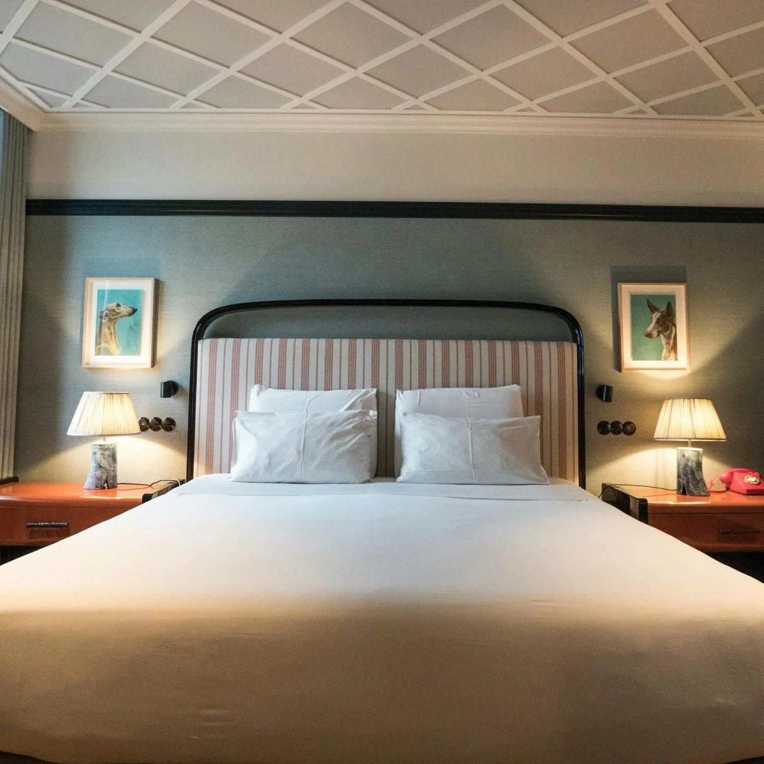 A neatly made hotel bed with white linens and four pillows, flanked by two nightstands with lamps. Artwork depicting dog portraits hangs on the wall above each side of the bed.