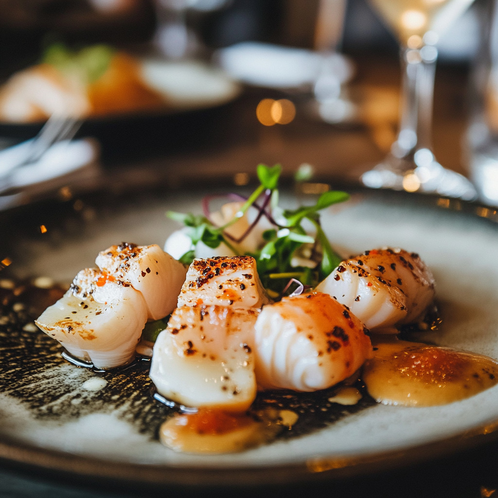 Seared scallops on a black plate garnished with microgreens and drizzled with sauce