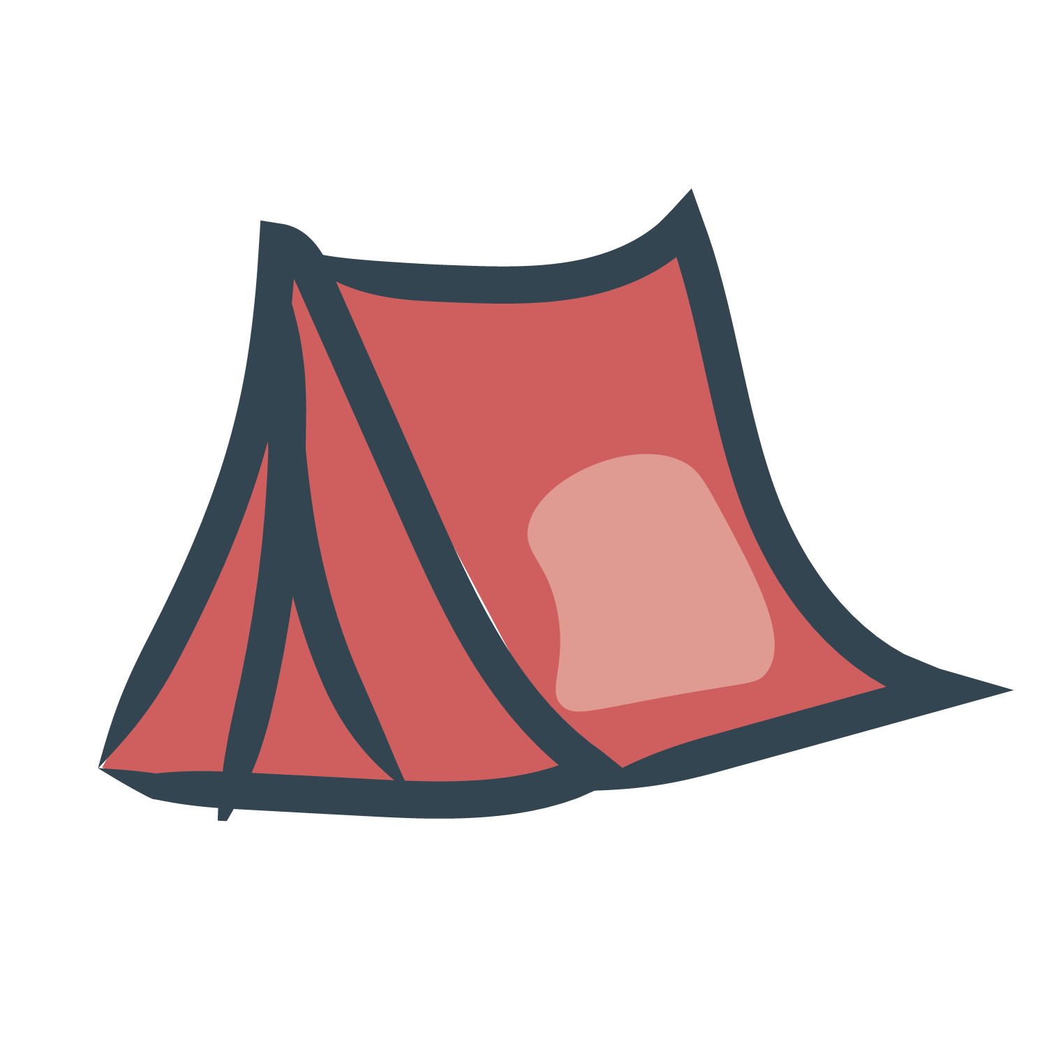 Illustration of a red tent with dark blue outlines and support poles.