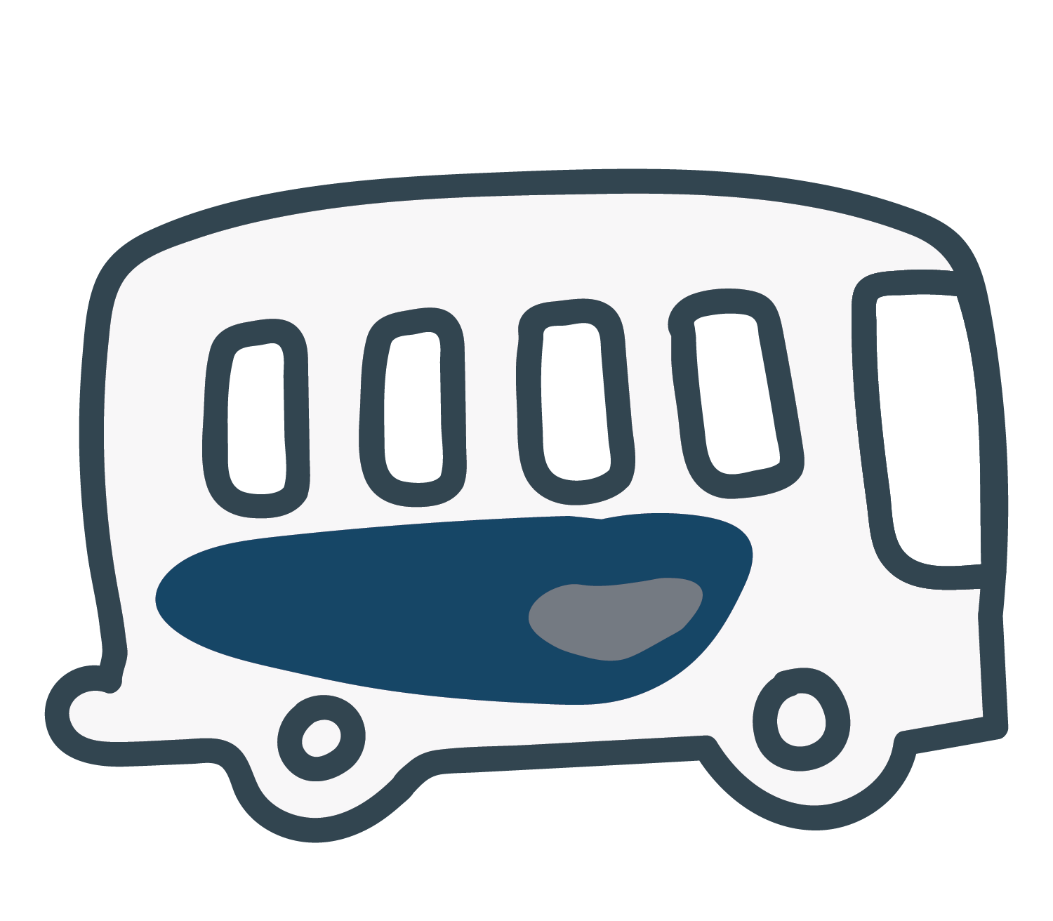 A cartoon-style illustration of a white bus with black windows, blue and gray details, and gray wheels.