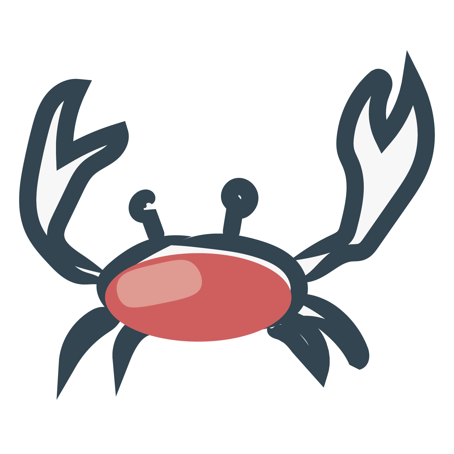 A cartoon illustration of a crab with a red body and large dark claws.