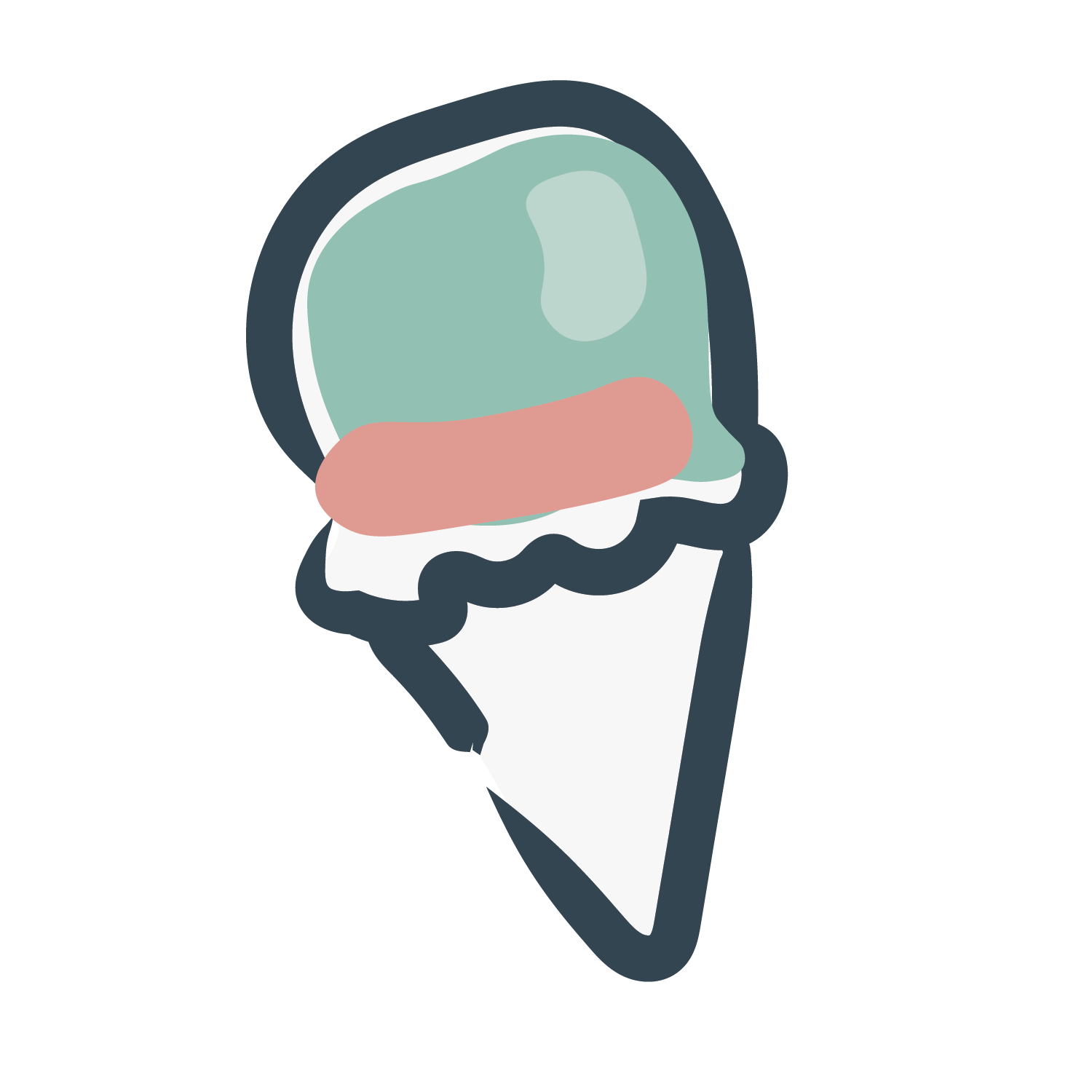 A digital illustration of an ice cream cone with three scoops in pastel colors, including green, pink, and white, on a black background.
