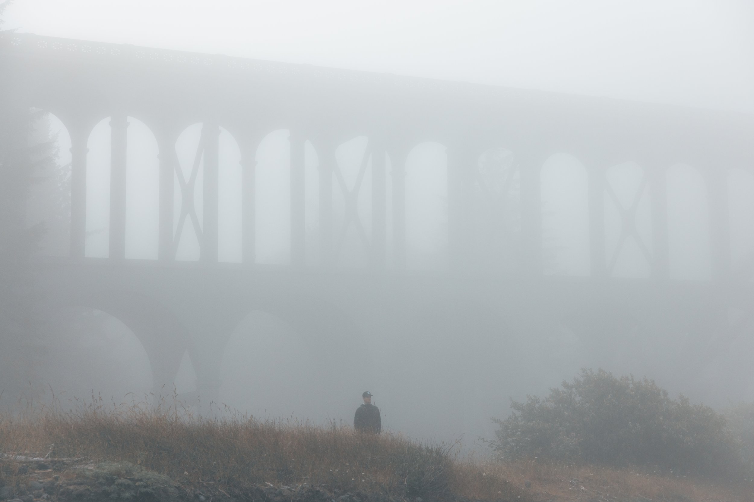A person standing outdoors on a foggy day beneath a large bridge with multiple arches.