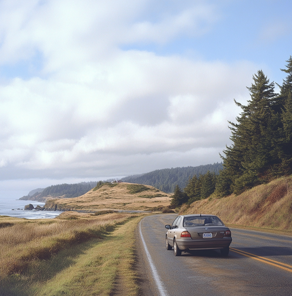Car driving on a winding coastal road with grassy hills and trees under a cloudy sky.
