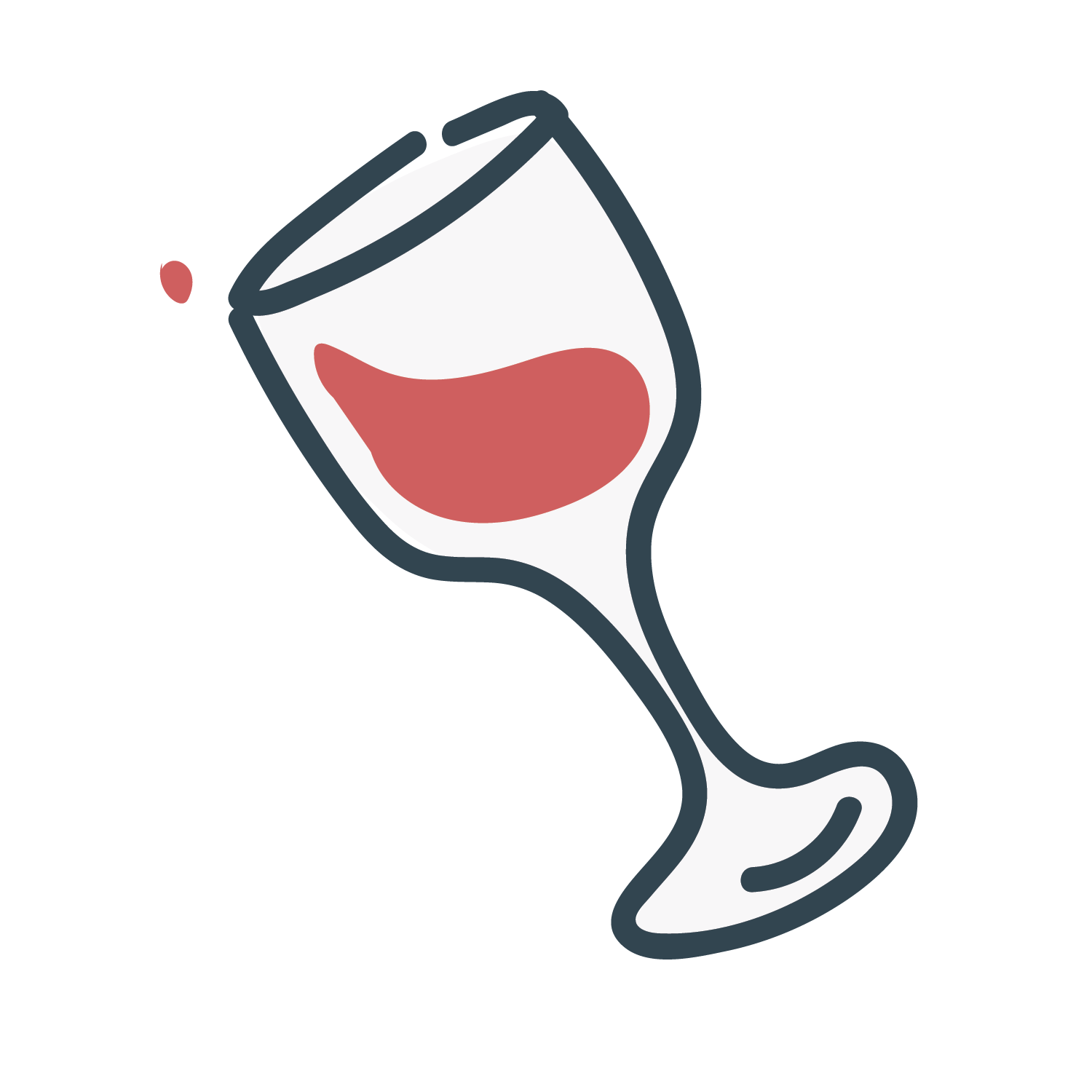 A cartoon illustration of a wine glass filled with red wine, with a small droplet near the rim.