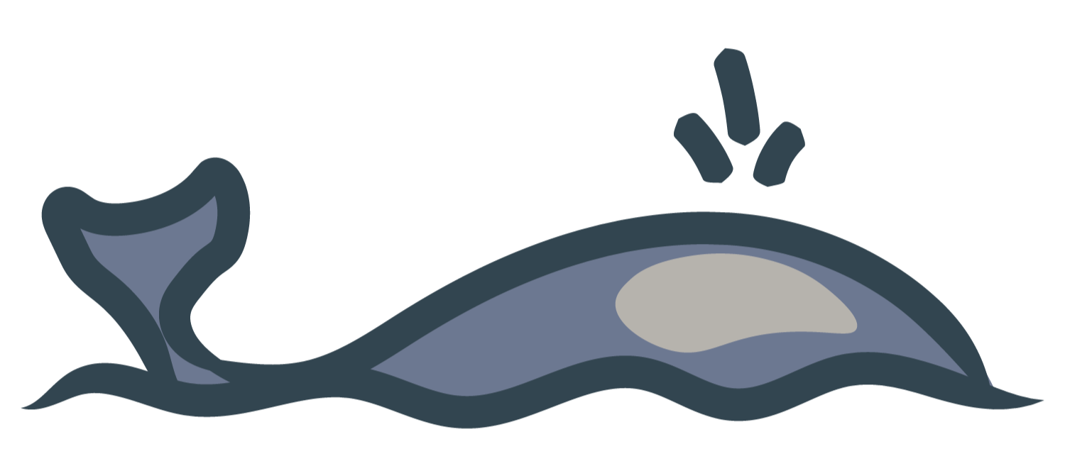 Illustration of a blue whale with its tail flipping up, shown in a simplified, cartoon style.